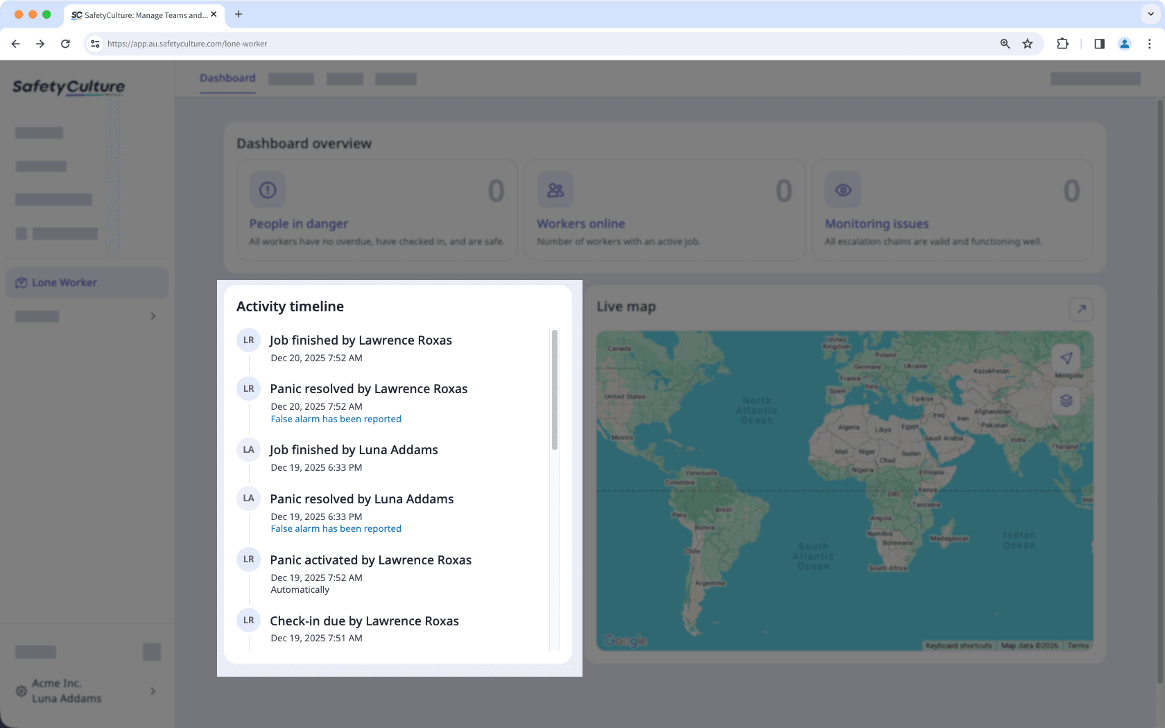 Get an overview of your lone workers' jobs via the activity timeline from the dashboard on the web app.