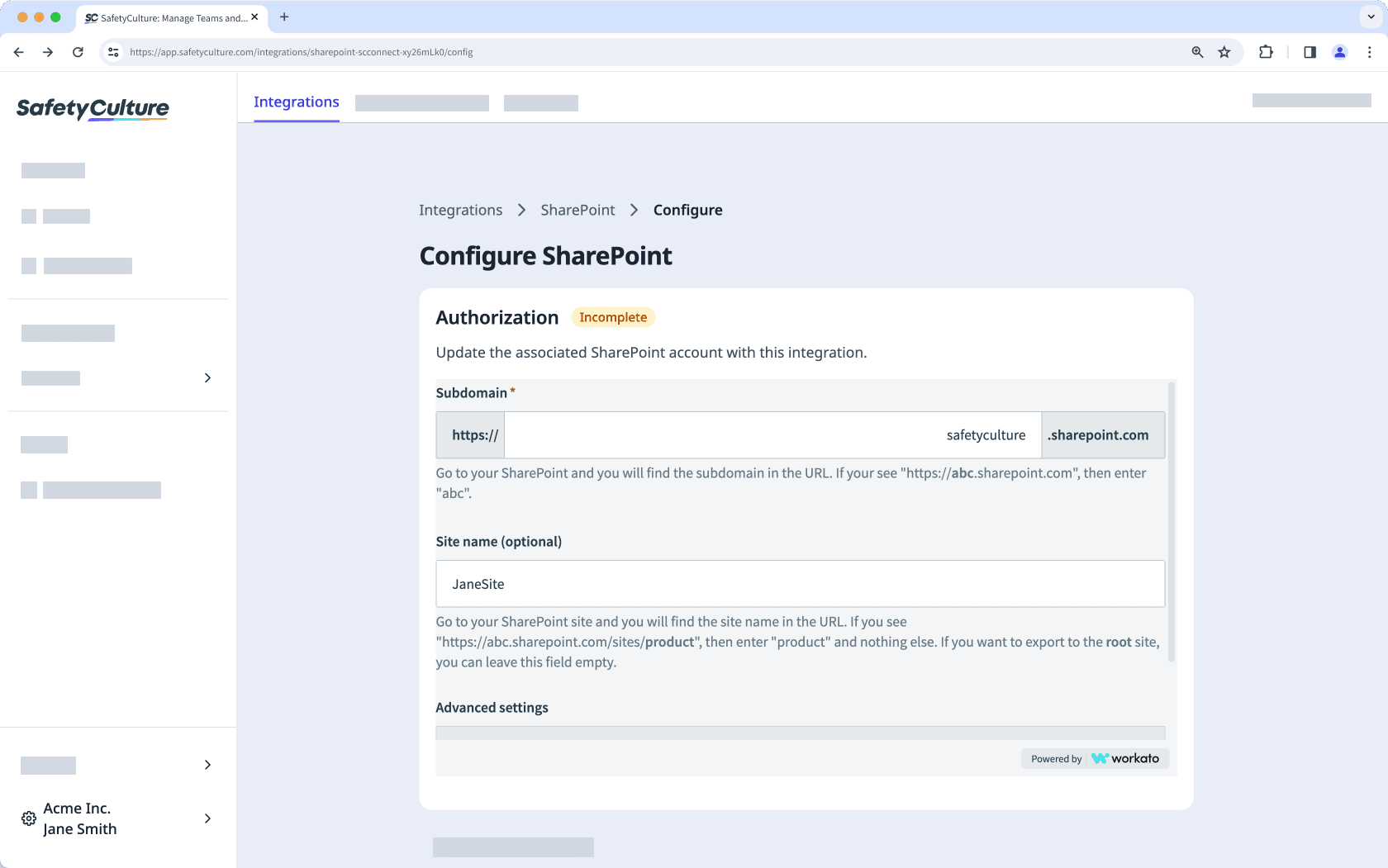 Configure SharePoint integration to export inspection reports via the web app.