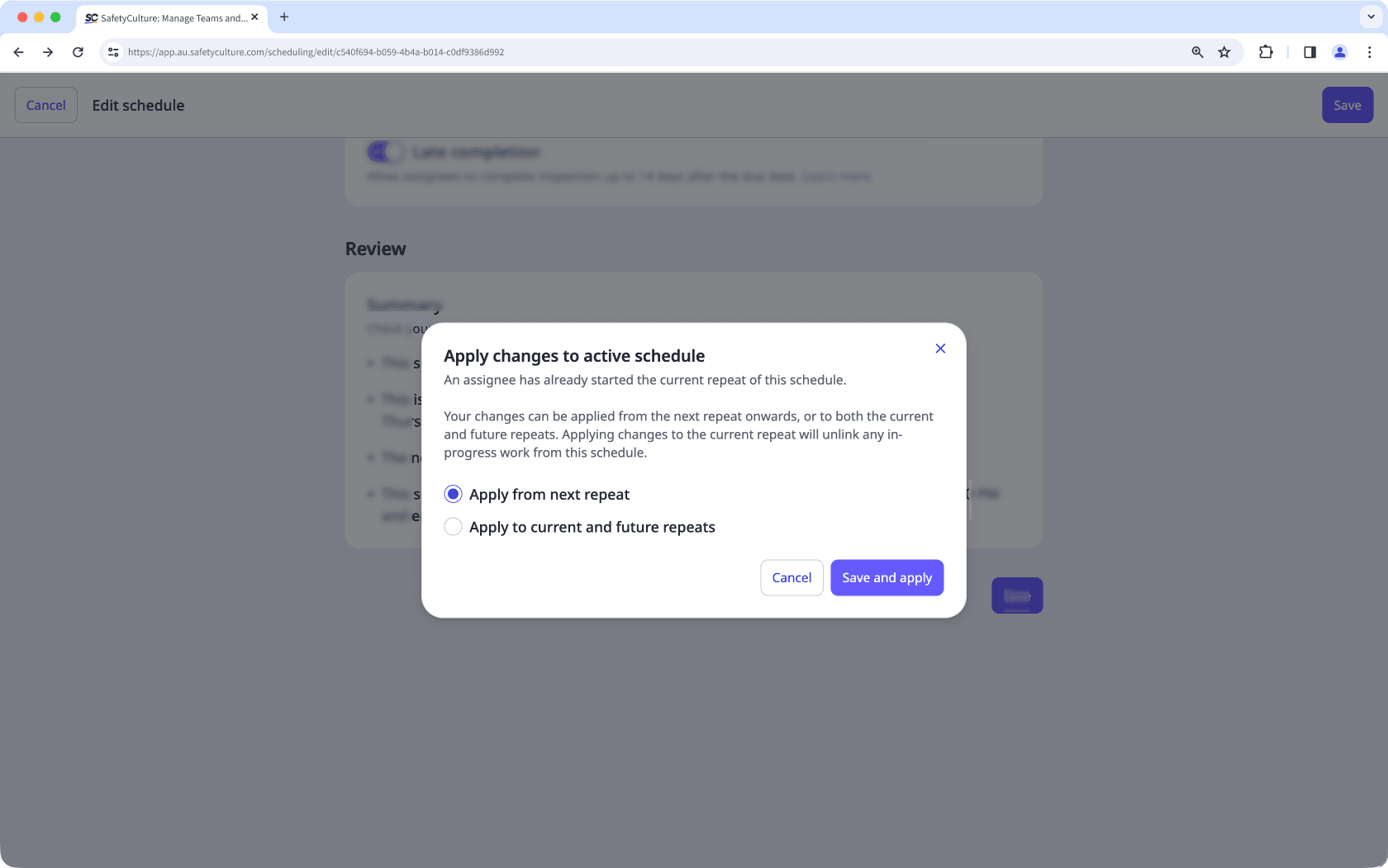 Wählen Sie aus, ob die Zeitplanänderungen auf zukünftige Wiederholungen oder auch auf die aktuelle Wiederholung angewendet werden sollen.