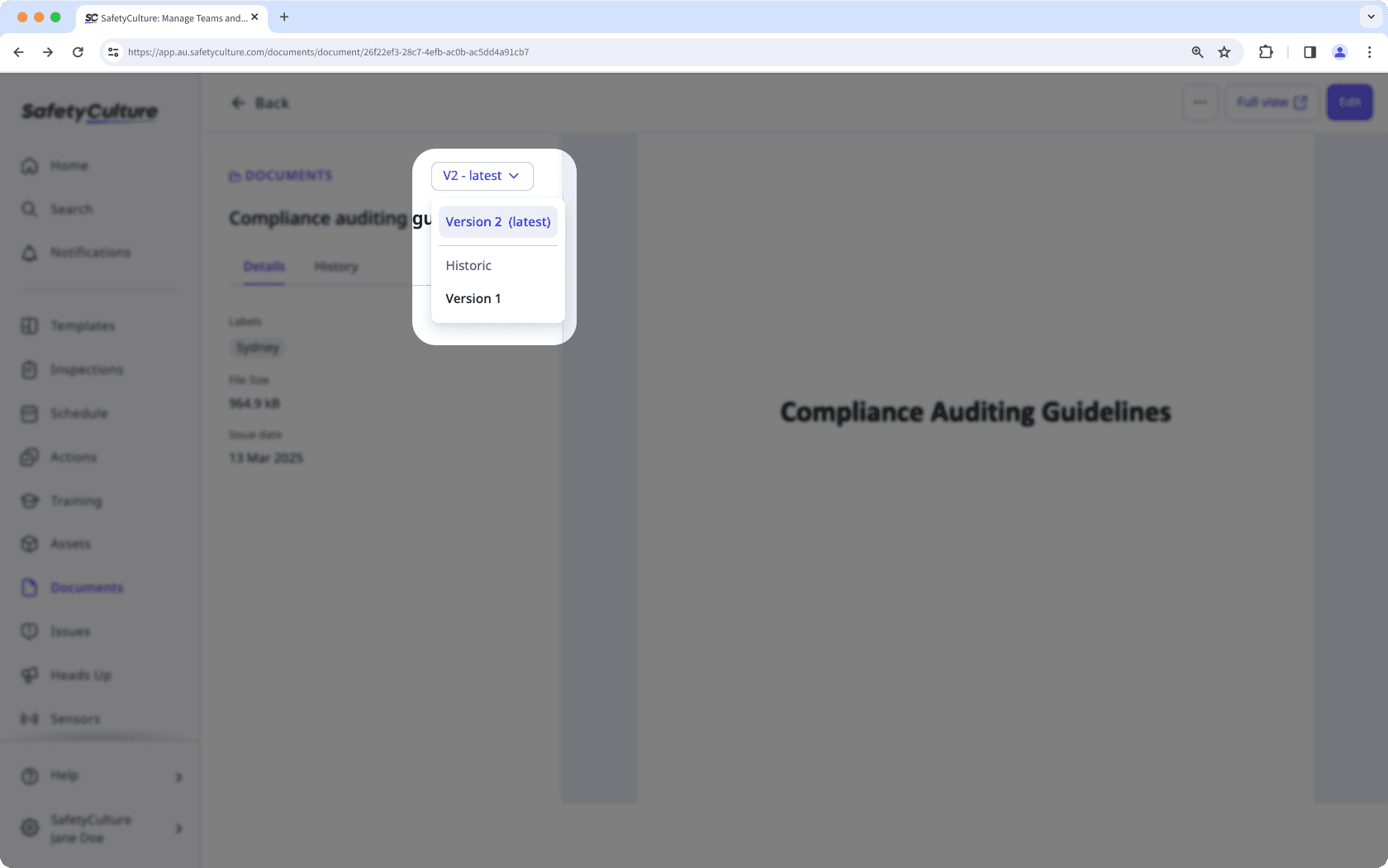 Version control in Documents via the web app.