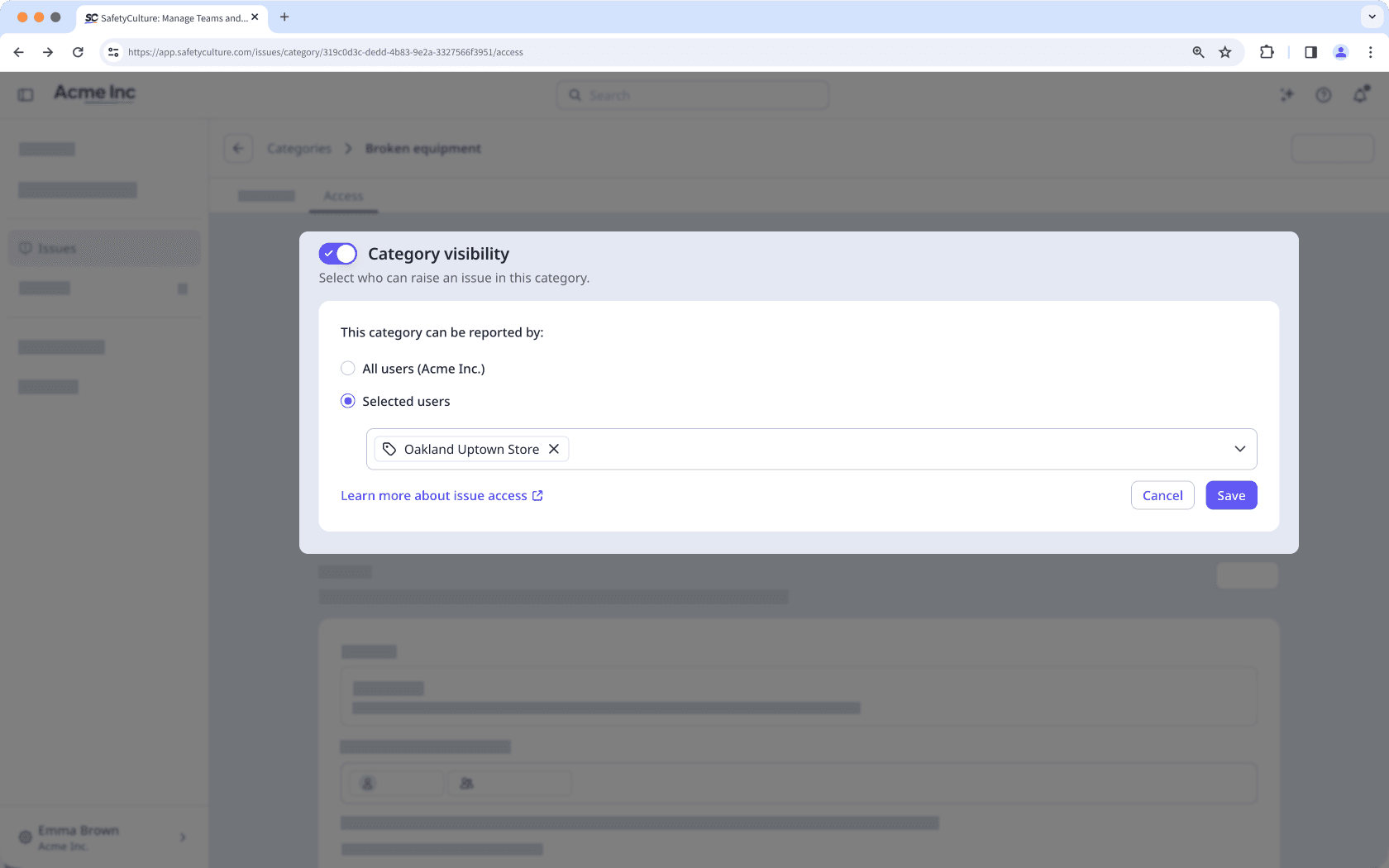 Gestion de la visibilité des catégories dans les Observations via l'application Web.