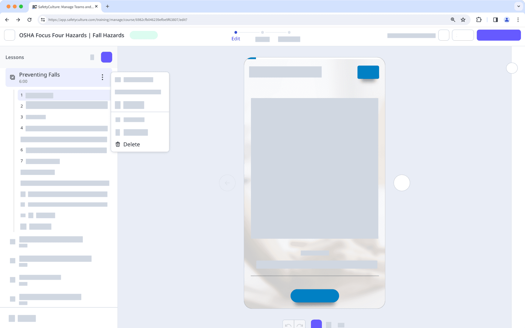 La página de edición del curso que muestra la opción para eliminar una lección.