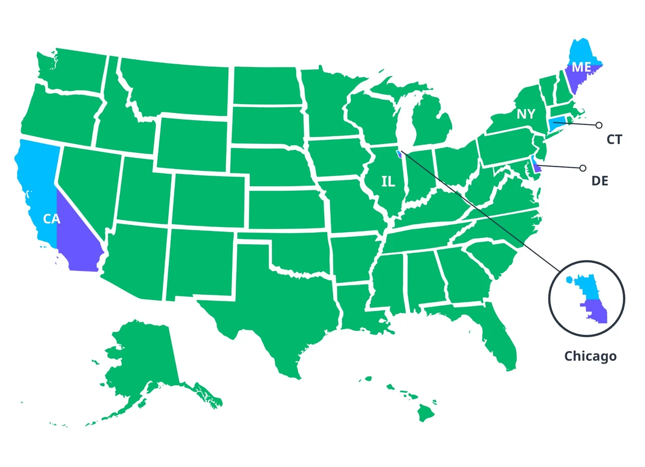A map indicating the different jurisdictions in the United States that have different harassment prevention training requirements.