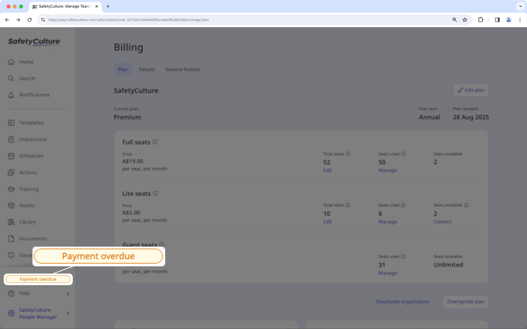 Ein Beispiel für die Meldung "Zahlung überfällig" in der Web-App.
