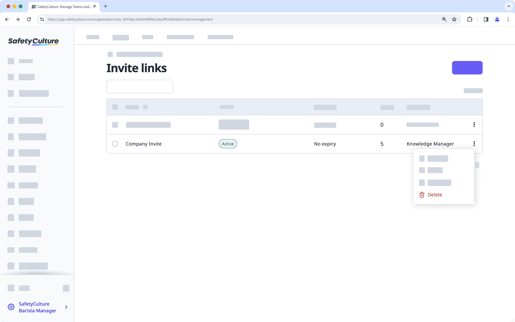 Mithilfe der Web-App einen Einladungslink löschen.