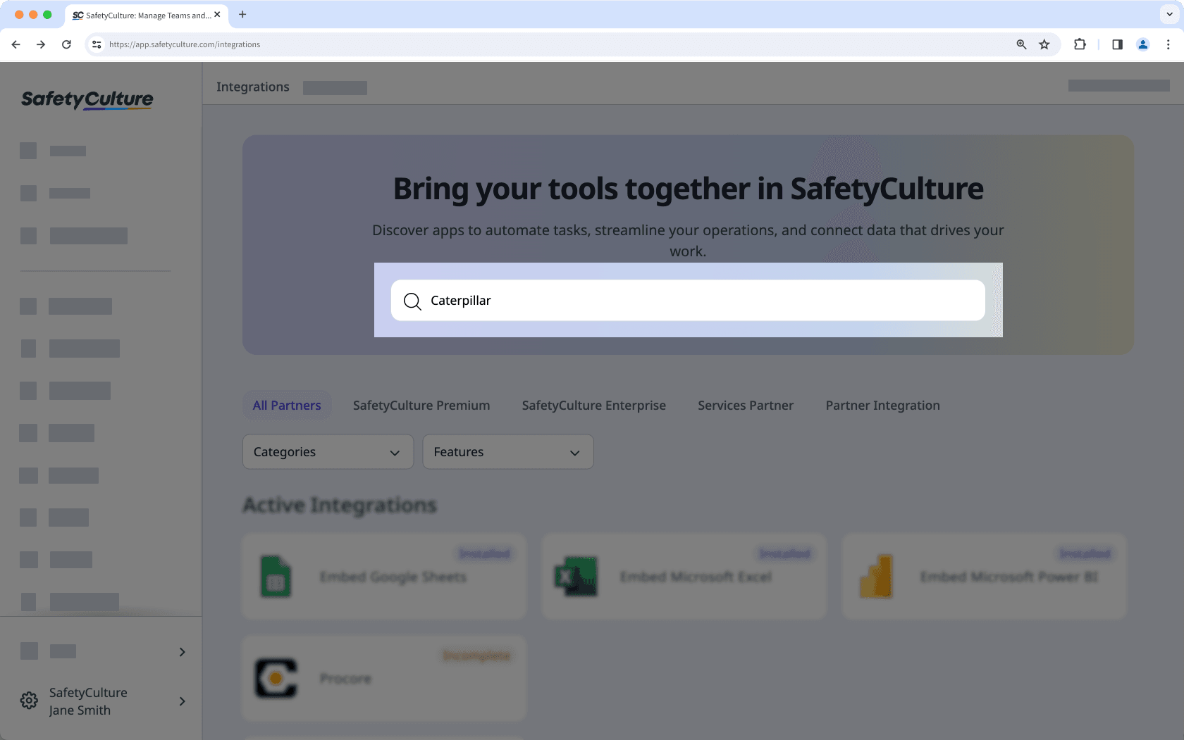 Search for VisionLink by Caterpillar integration via the web app.