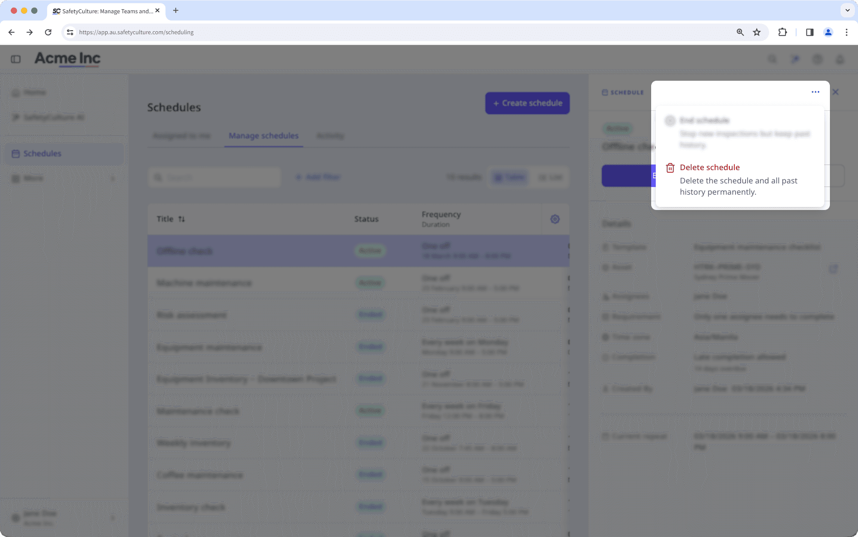 Delete a schedule in the new experience via the web app.