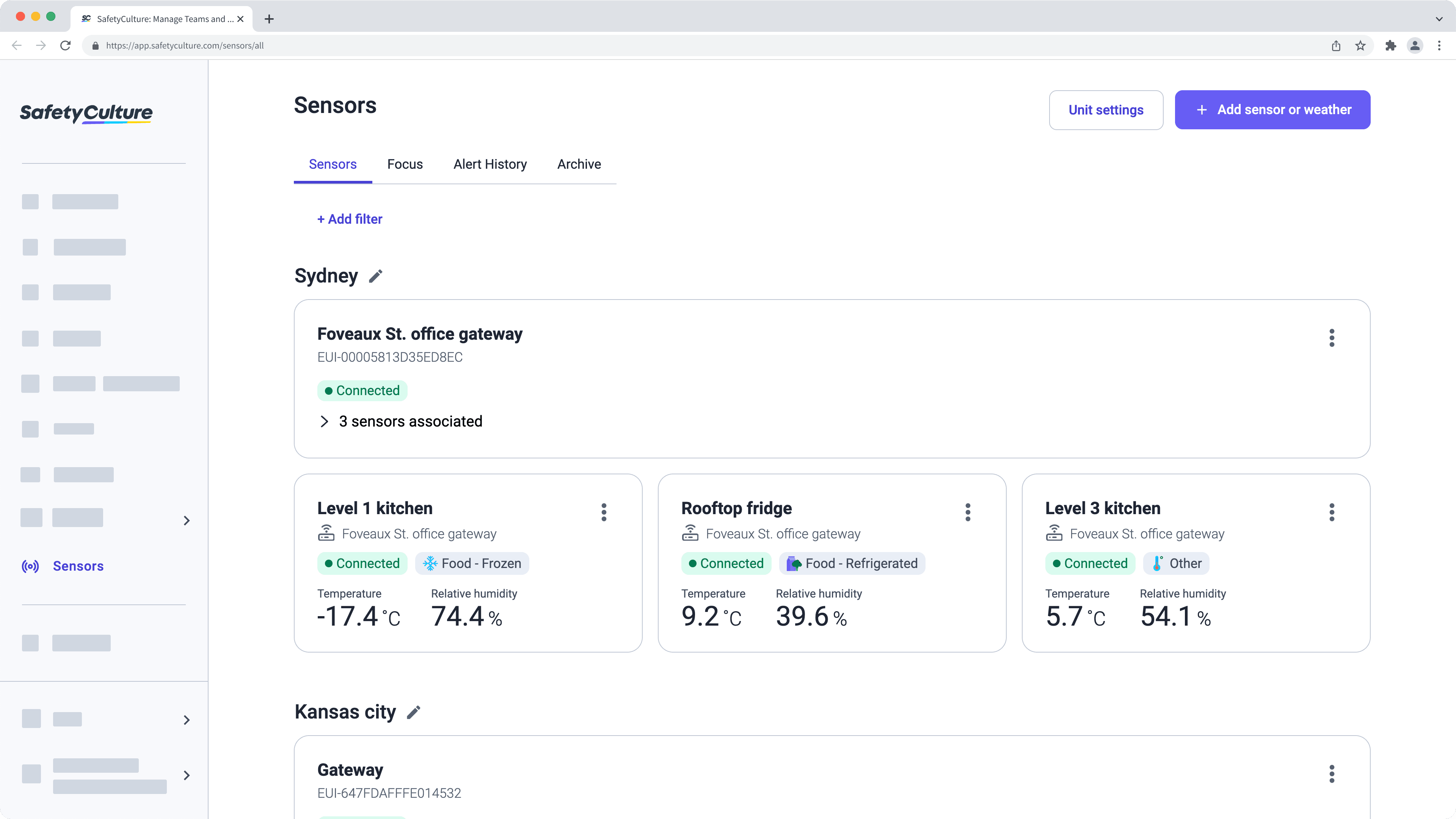 Sensors page in SafetyCulture.