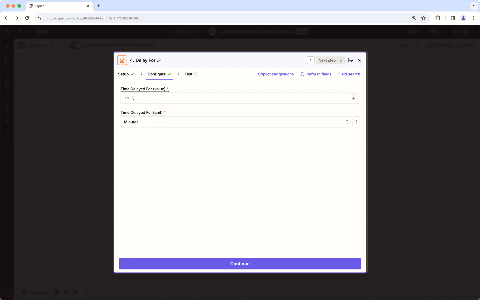 Exemple de configuration « Retarder pour » dans Zapier.