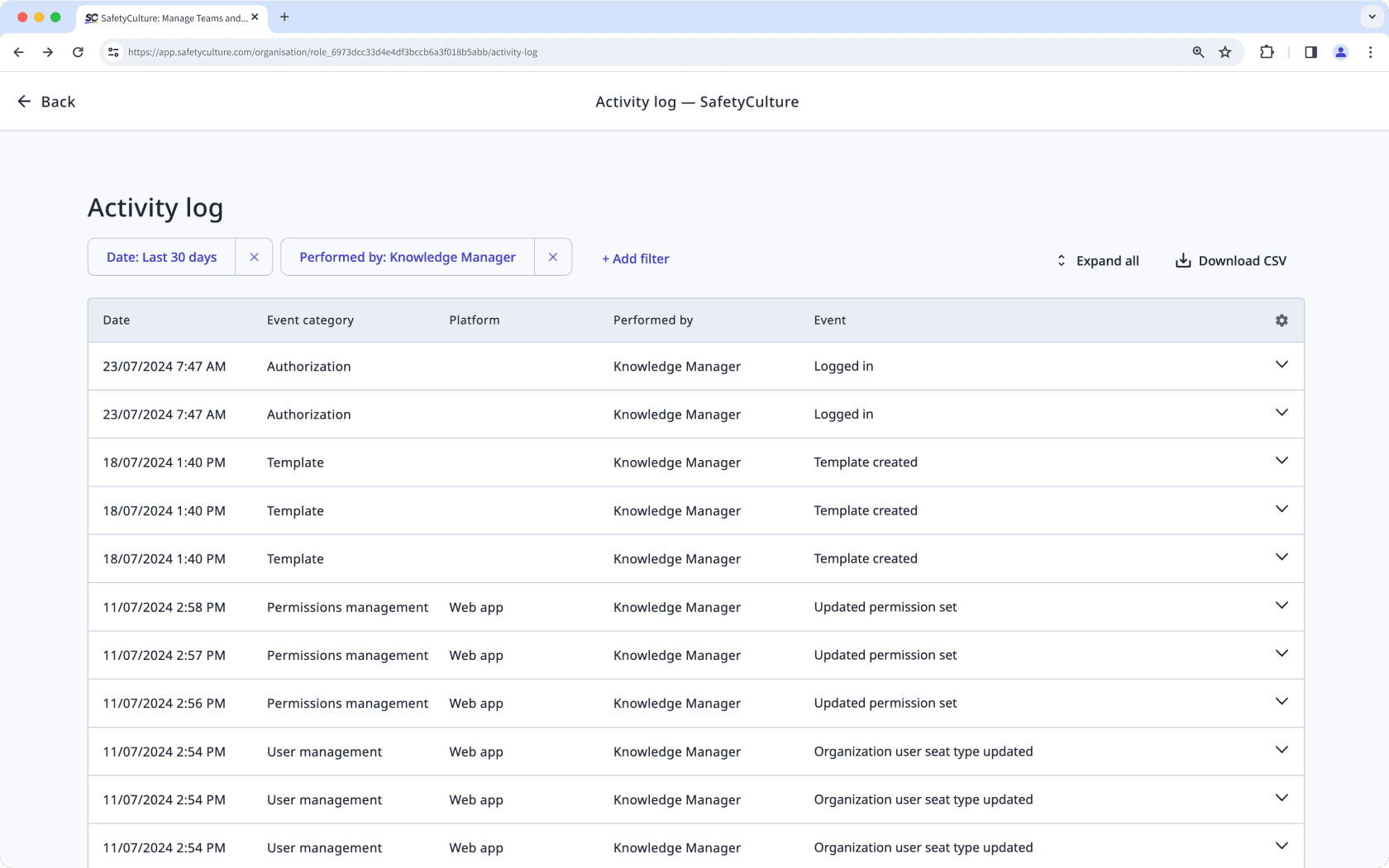 View your organization's activity log via the web app.