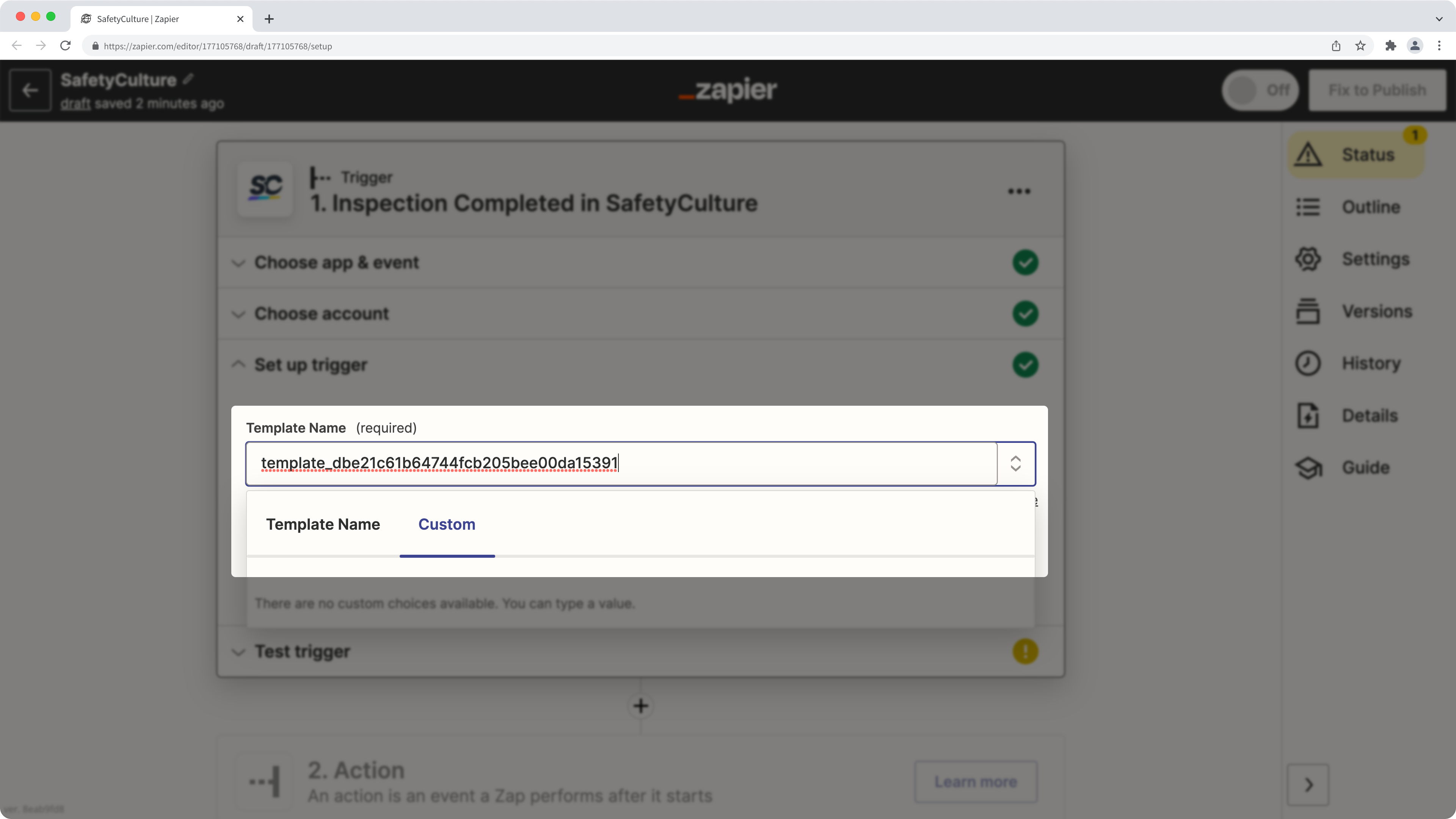 Un ejemplo de cómo insertar un identificador de plantilla personalizada en Zapier.