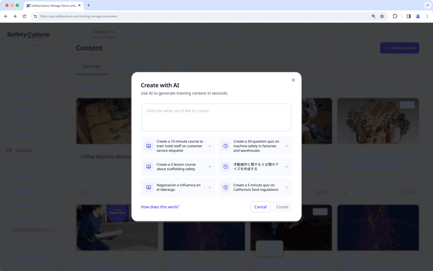 Create courses with AI by entering a text prompt via the web app.