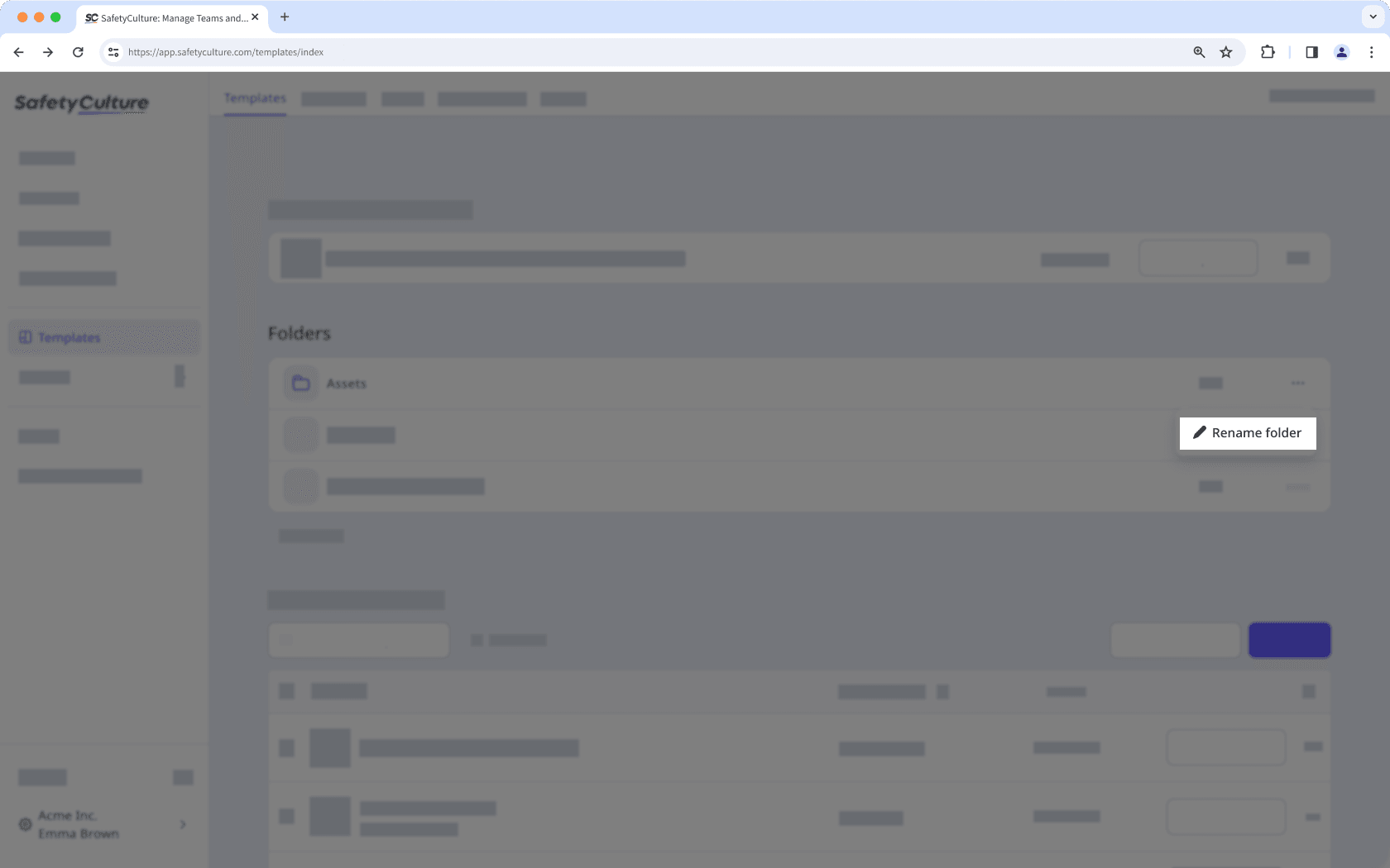 The templates page showing the option to rename a template folder.