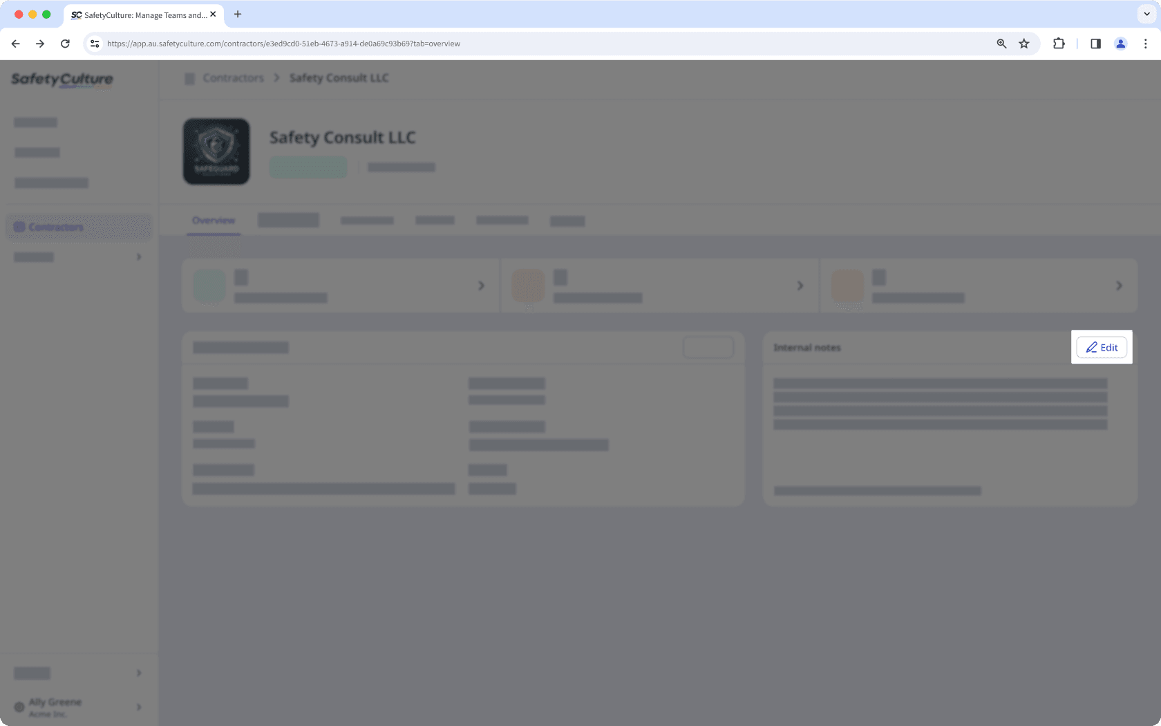 The company profile showing the 'Edit' button to update the internal notes.