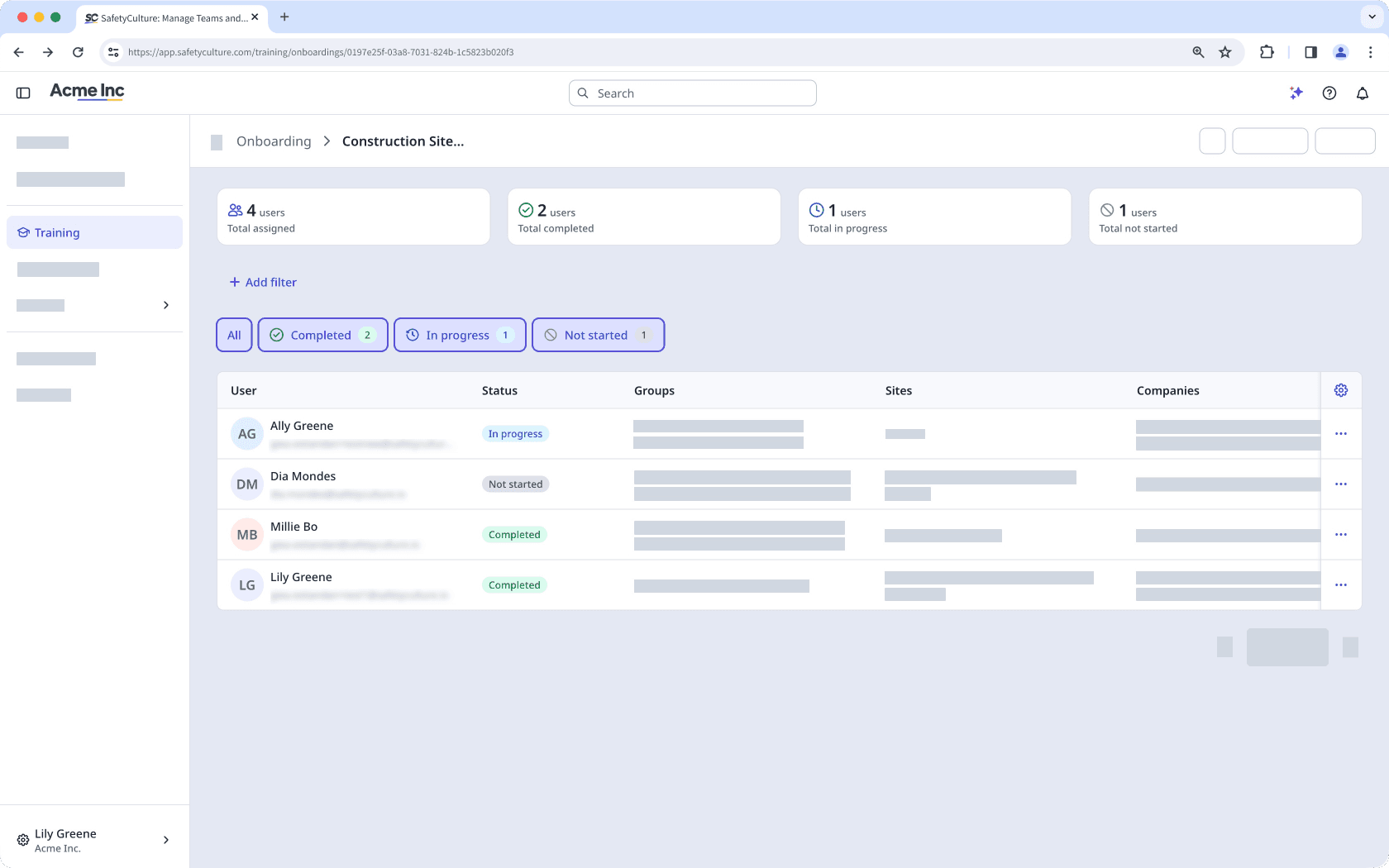 The onboarding workflow page, showing the completion status.