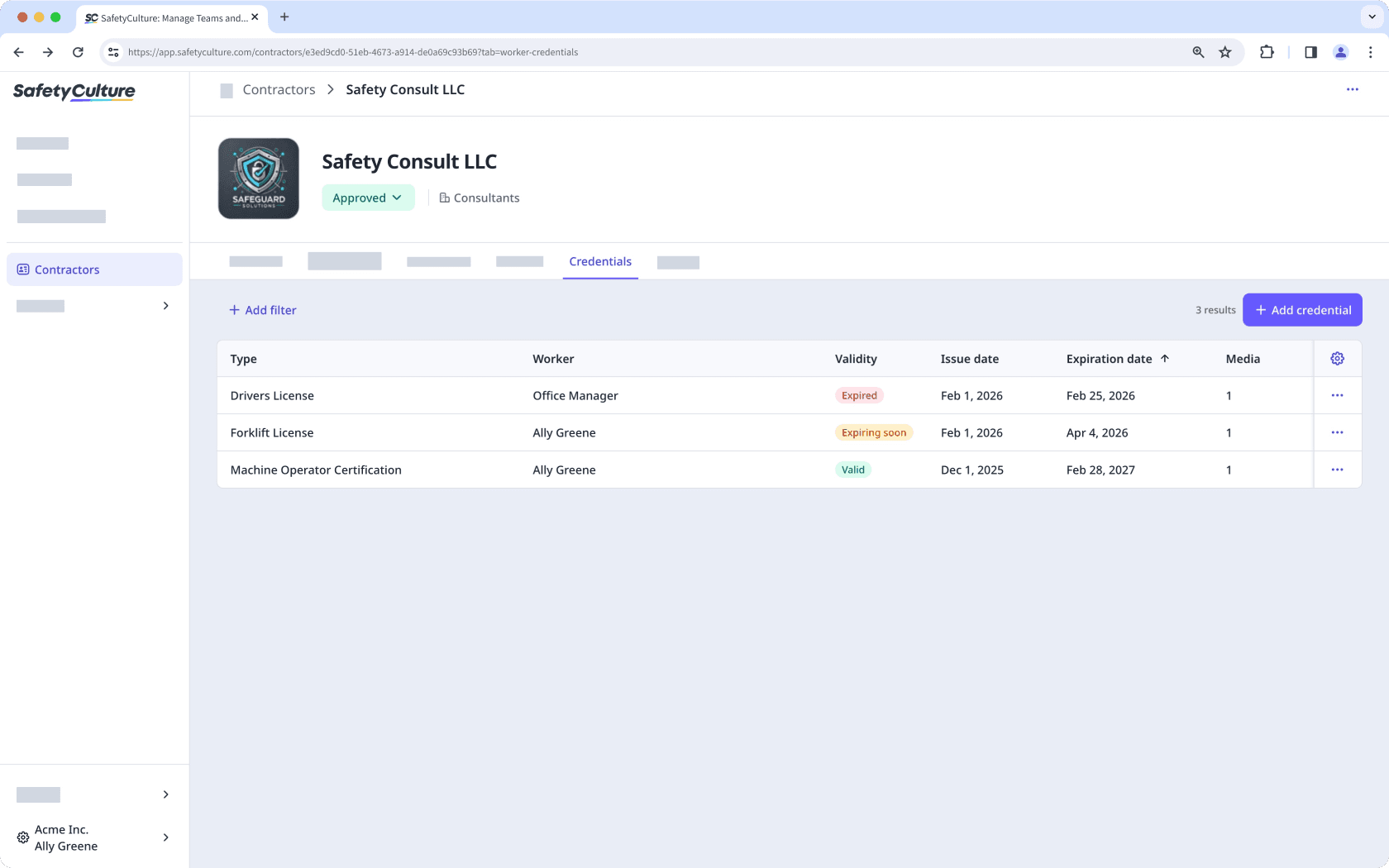 The company profile with the Credentials tab and worker credentials list visible.