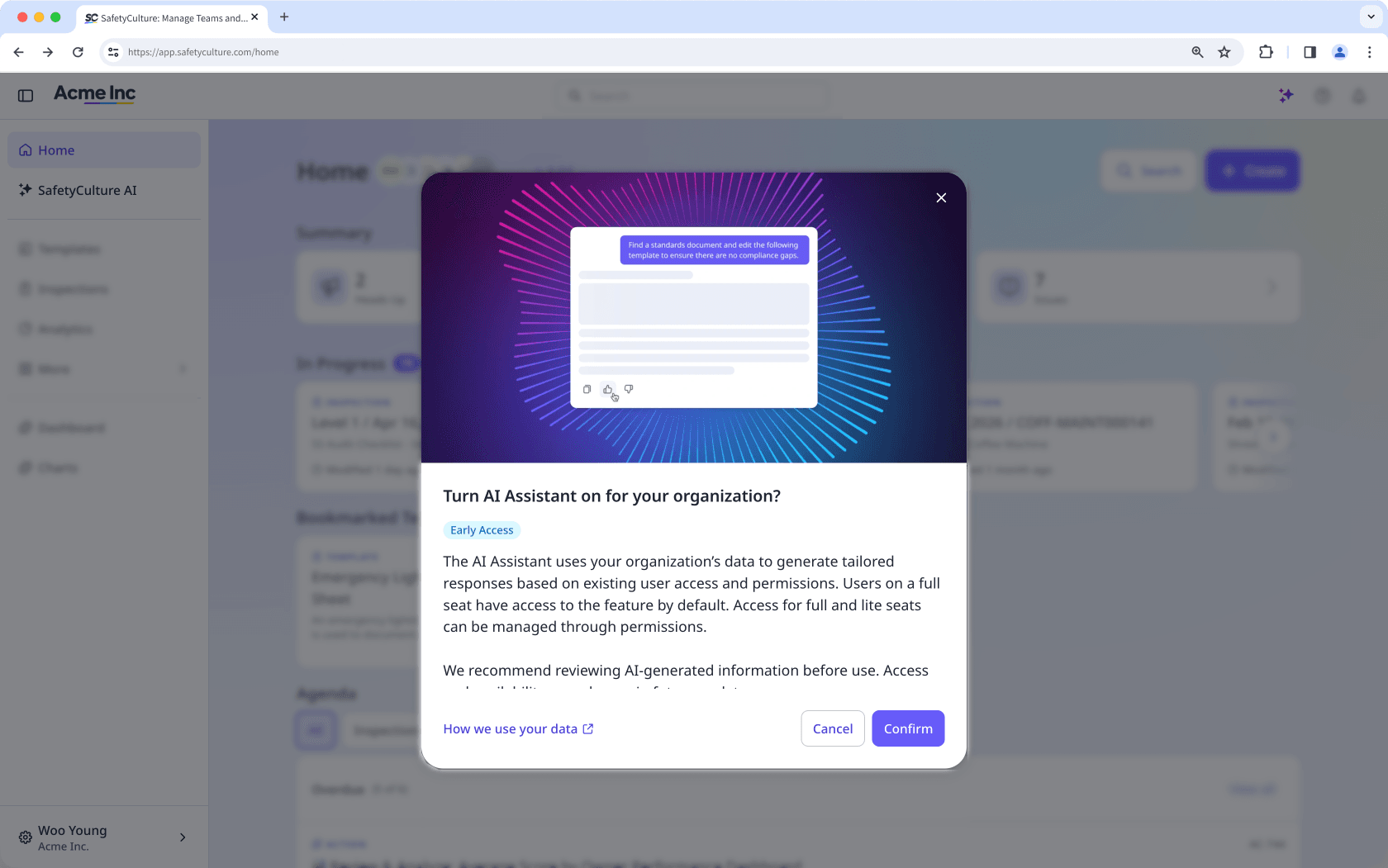 Click Confirm to turn the AI Assistant on for your organization for the first time.