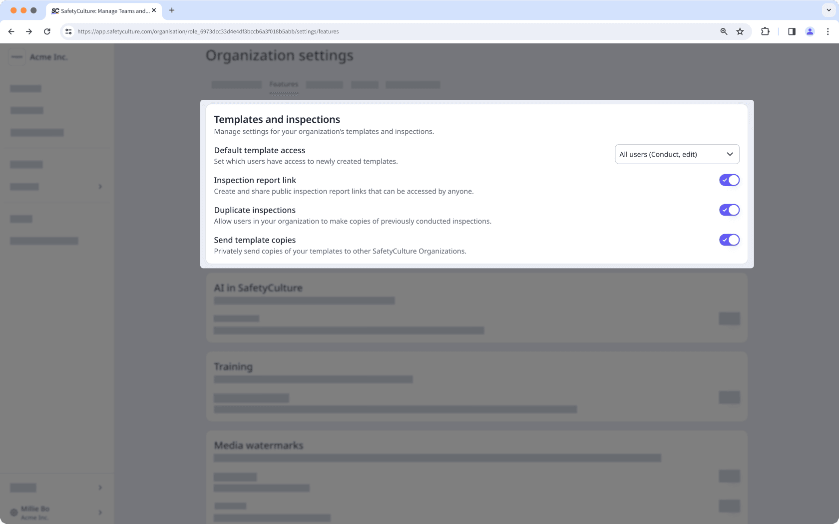 Die Registerkarte „Funktionen“ in den Organisationseinstellungen, auf der die Einstellungen für Vorlagen und Prüfungen sichtbar sind.