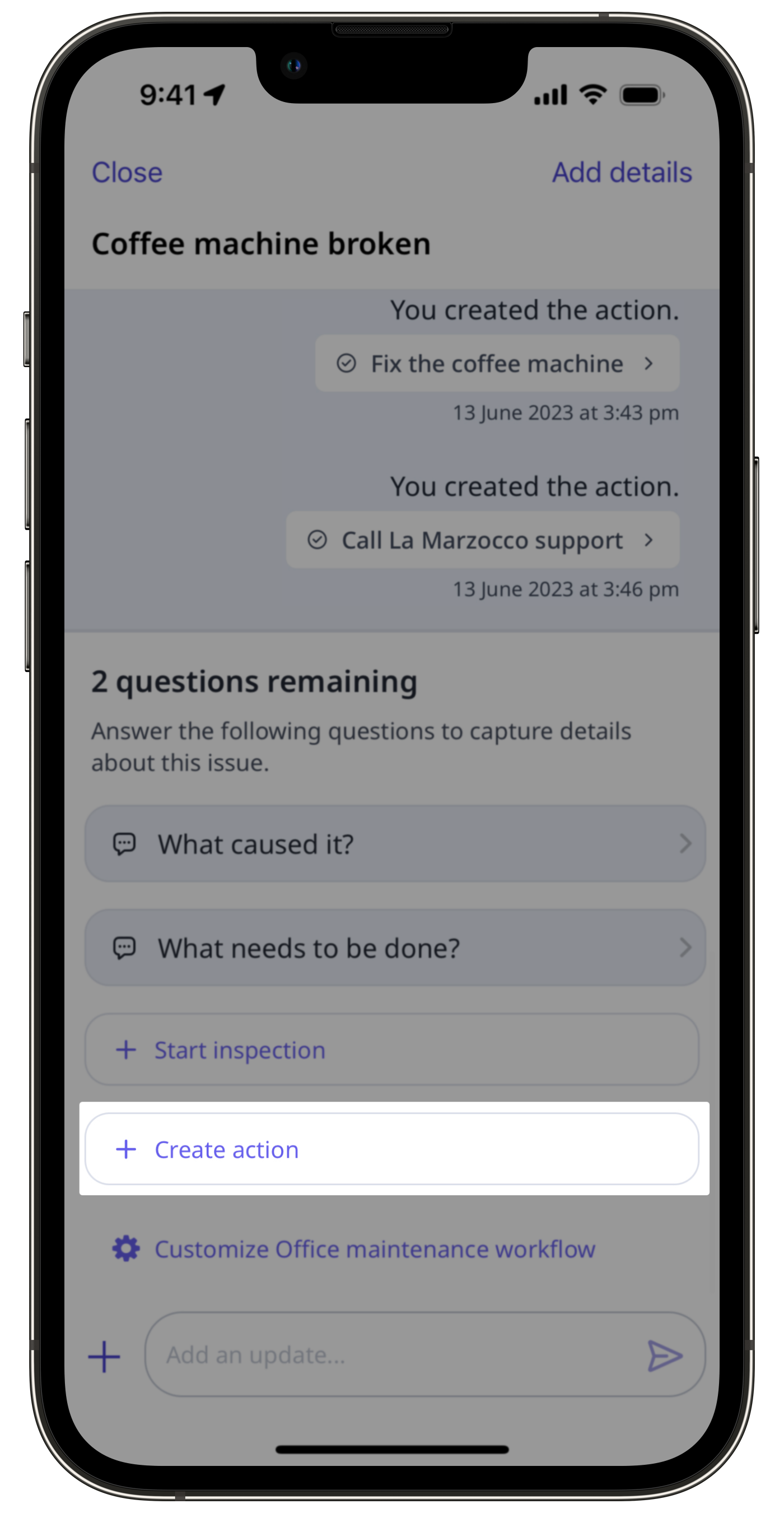 Create an action in an issue via the mobile app.