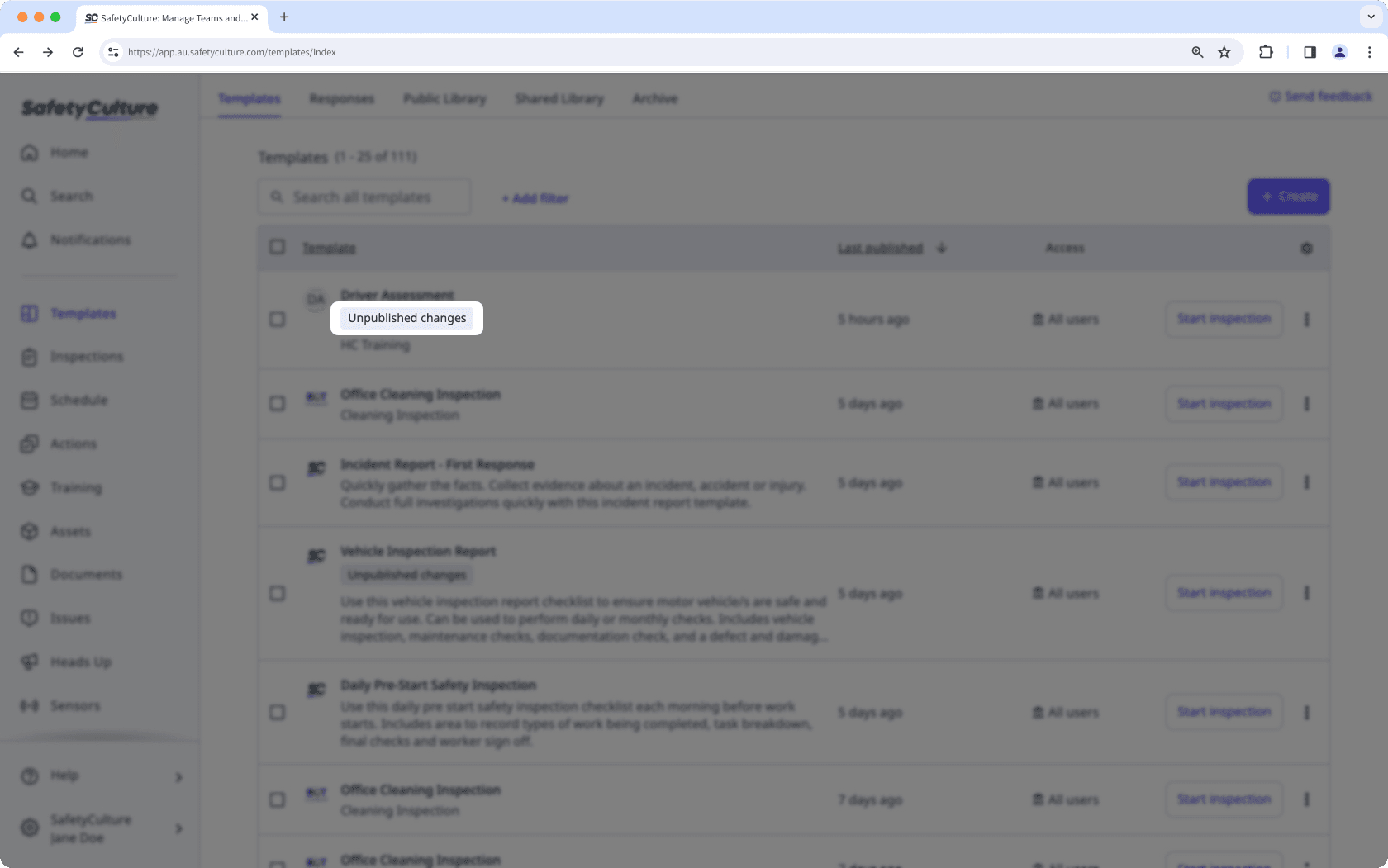 Eine Vorlage mit der Bezeichnung "unveröffentlichte Änderungen" in der Web-App.