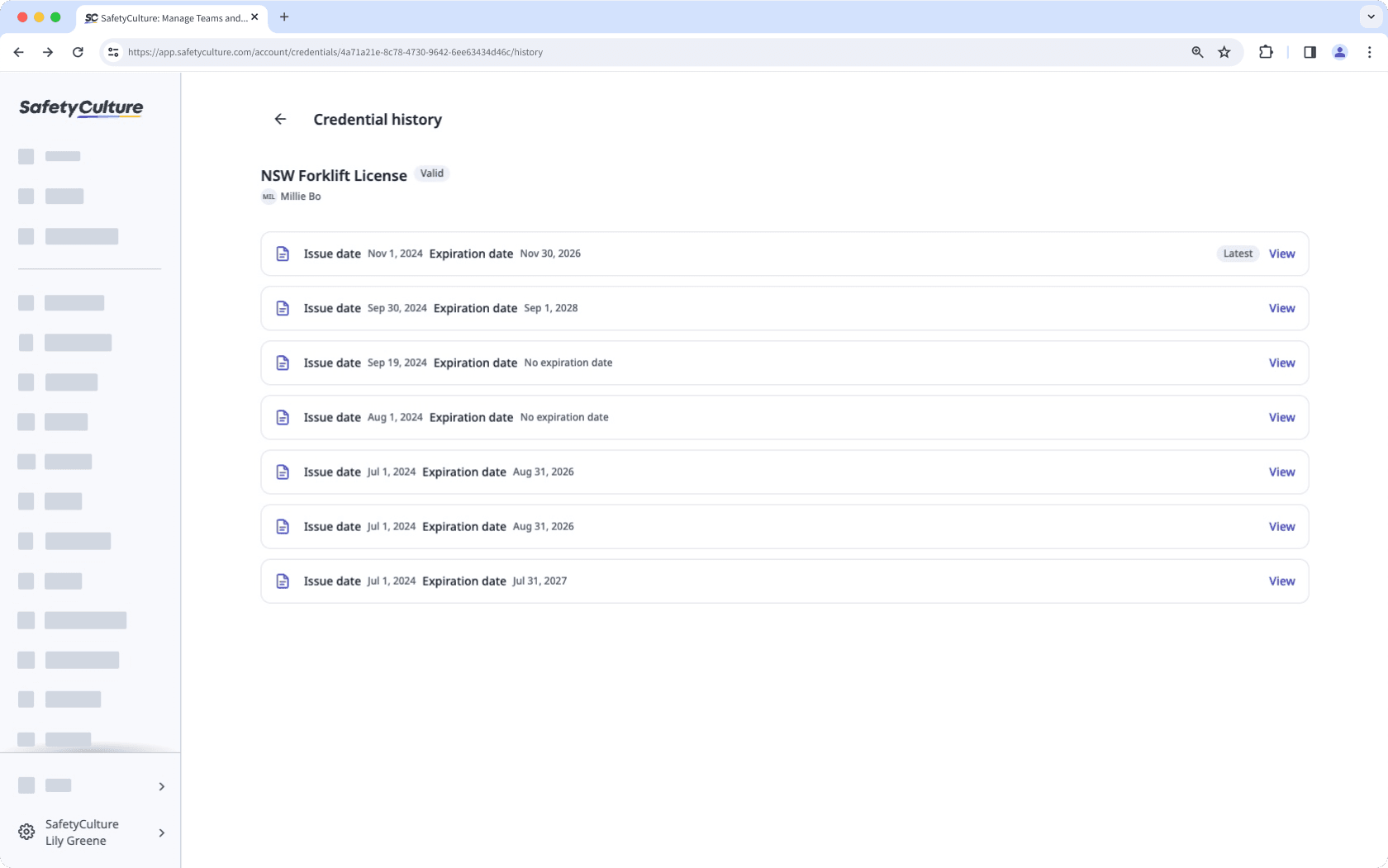 Un ejemplo del historial de una credencial en la aplicación web.