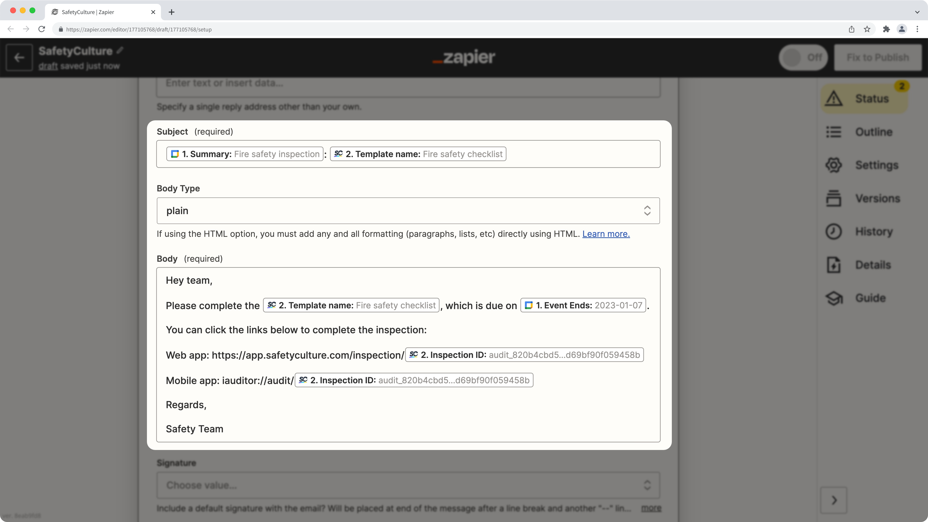 Un ejemplo de la acción "Enviar correo electrónico" en Zapier con enlace de la inspección.