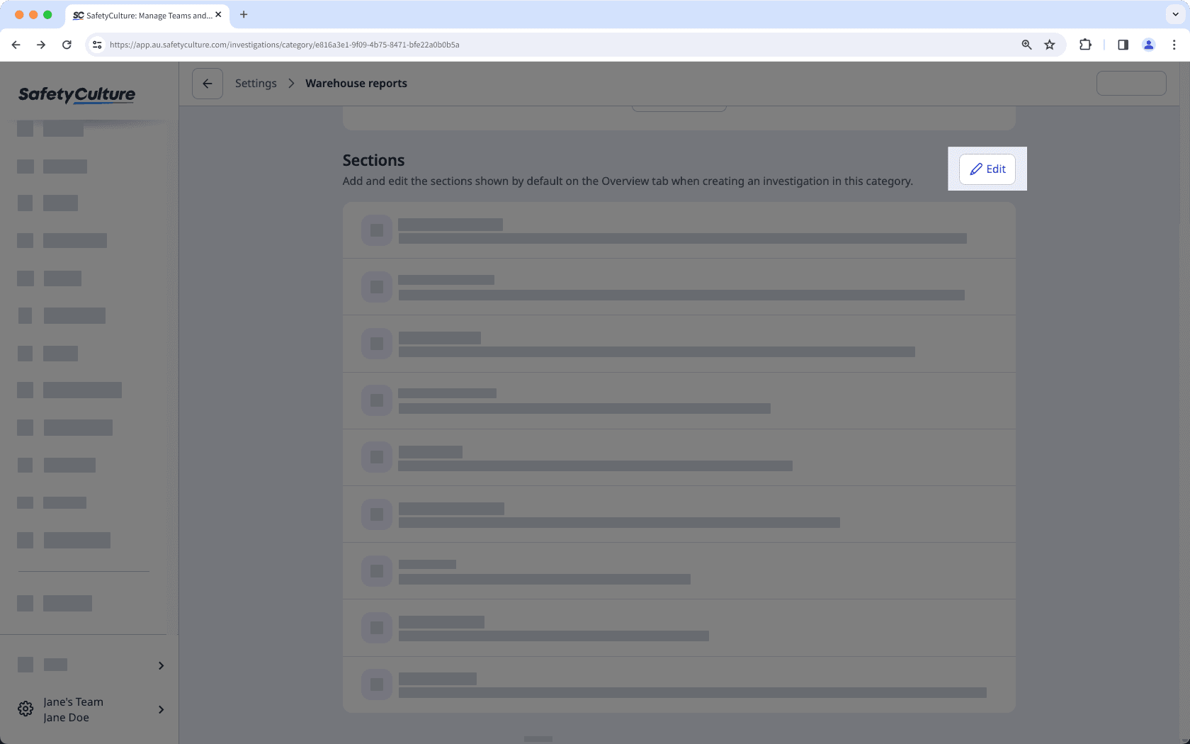 Edite una sección de investigación personalizada a través de la aplicación web.