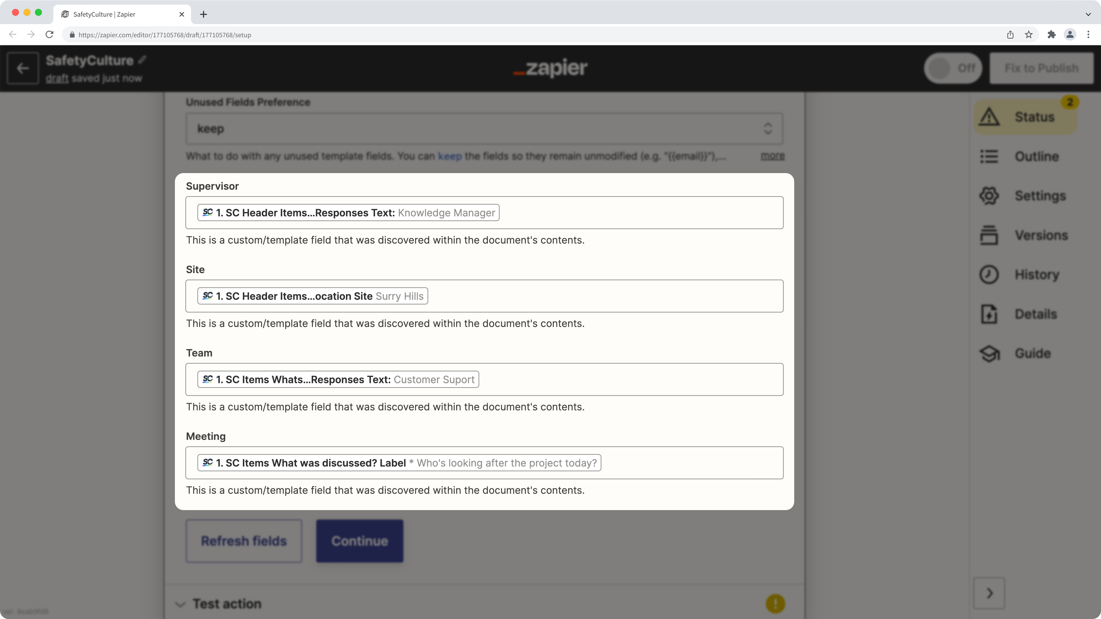 An example of configuration, Google Docs action in Zapier.