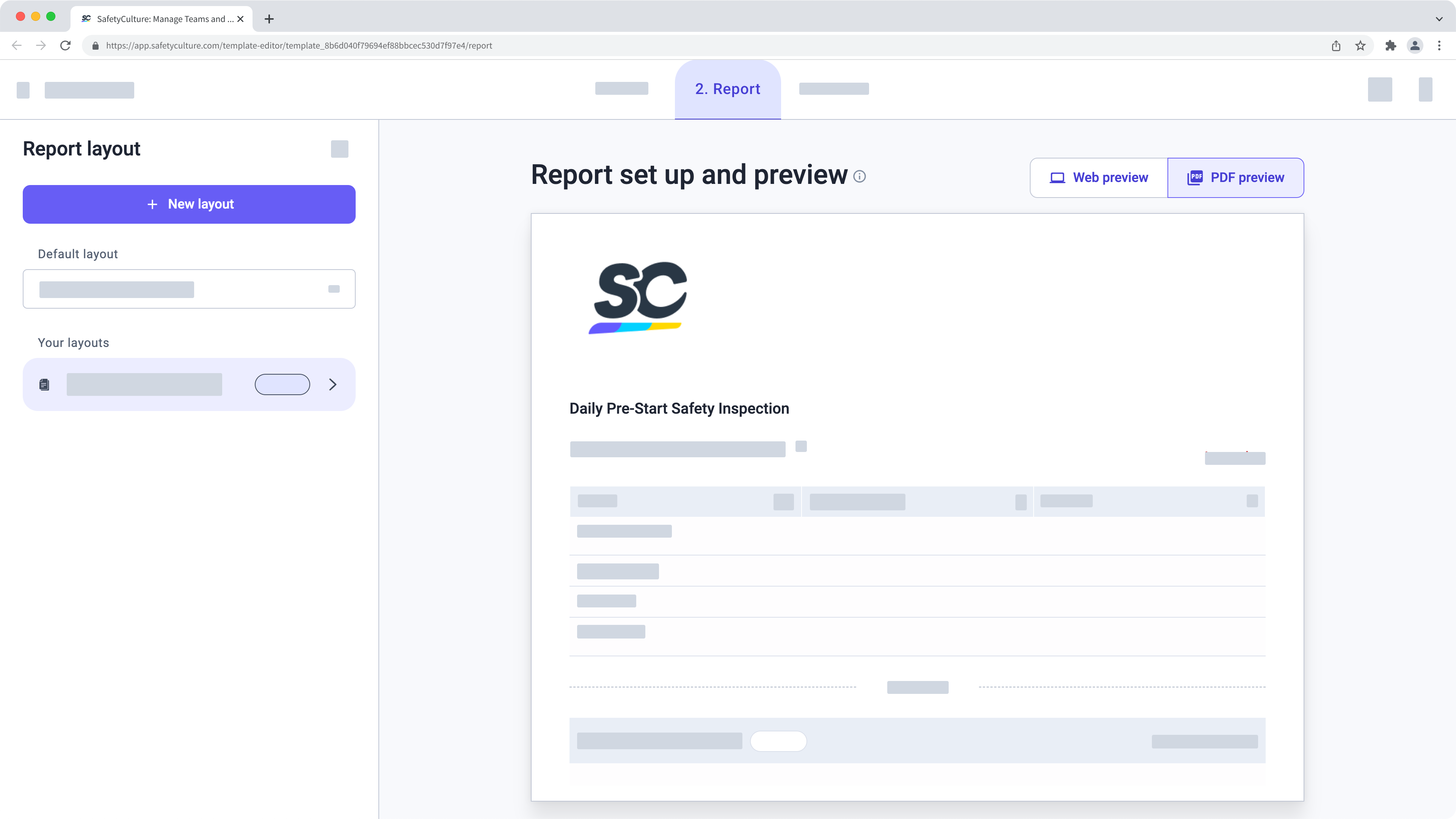 Create a report layout in the template editor via the web app.