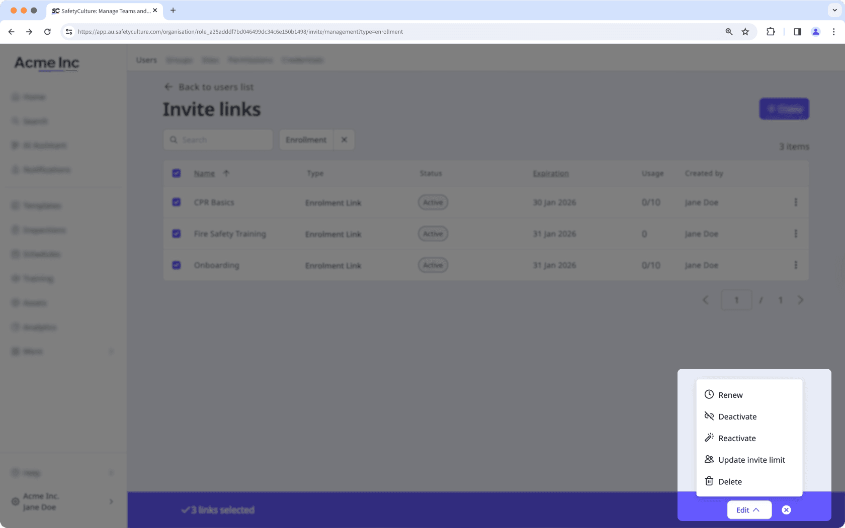 Modifier de façon groupée les liens d'inscription via l'application Web.