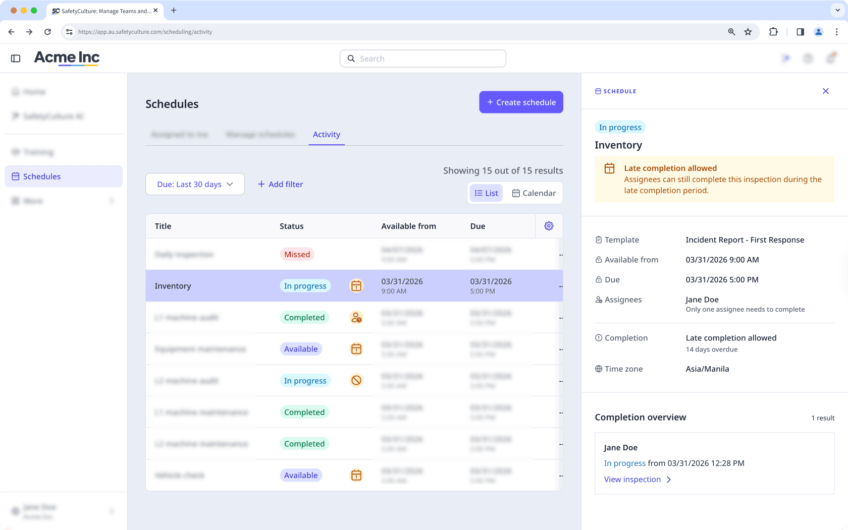 Das Detailfenster für einen Zeitplan wird geöffnet und zeigt den Status "In Bearbeitung" und das Banner "Zeitplan überfällig" an.