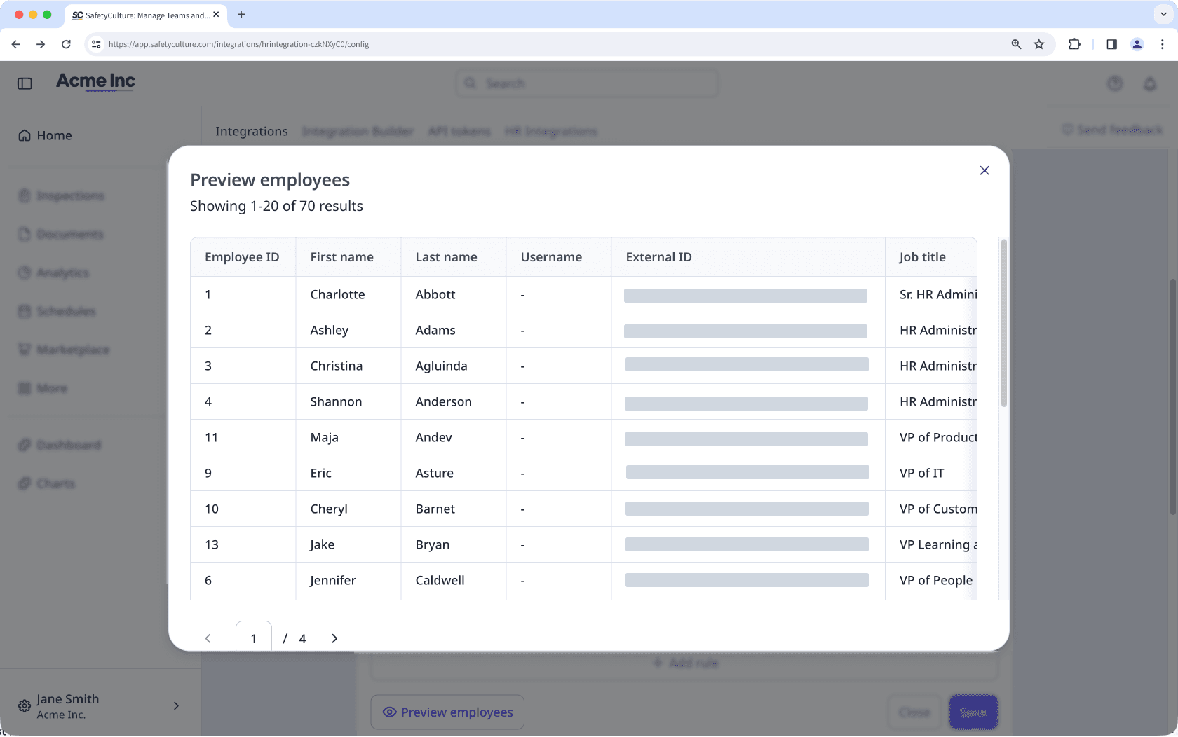Preview the list of employees to be imported in SafetyCulture via the web app.