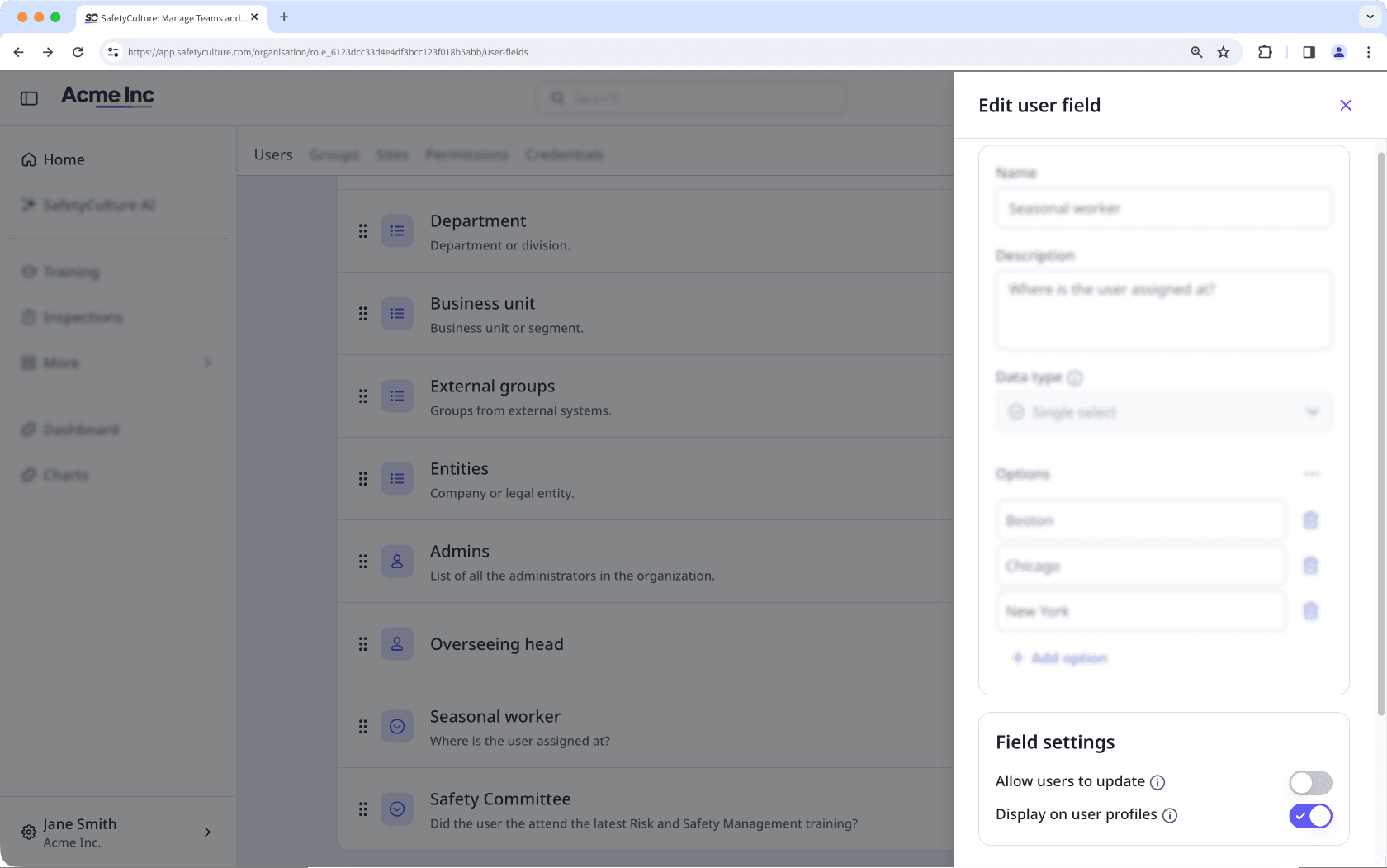 The "Display on user profile" setting is turned on for the user field.