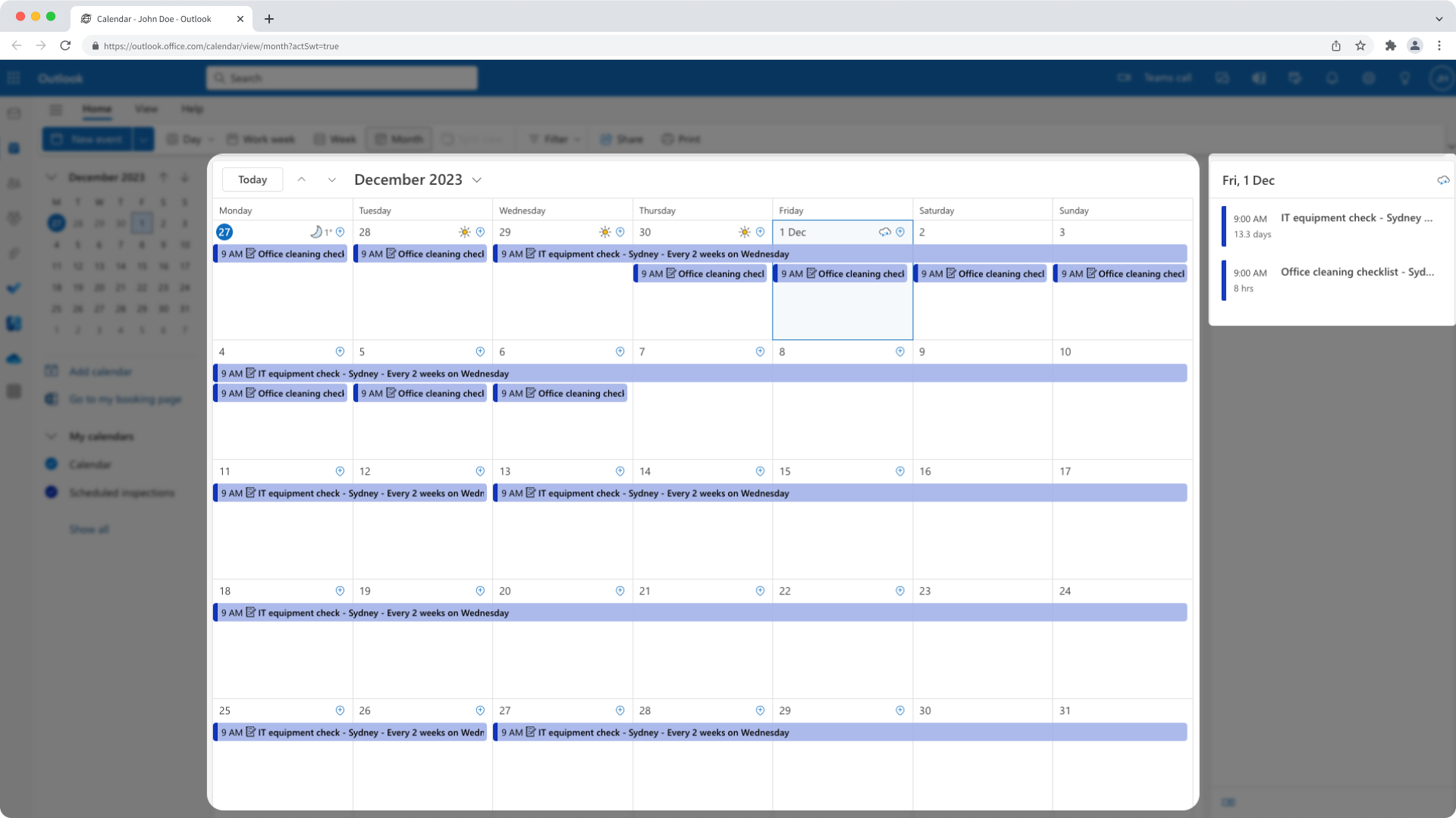 Exemple d'intégration du planning d'inspection de SafetyCulture dans Microsoft Outlook.