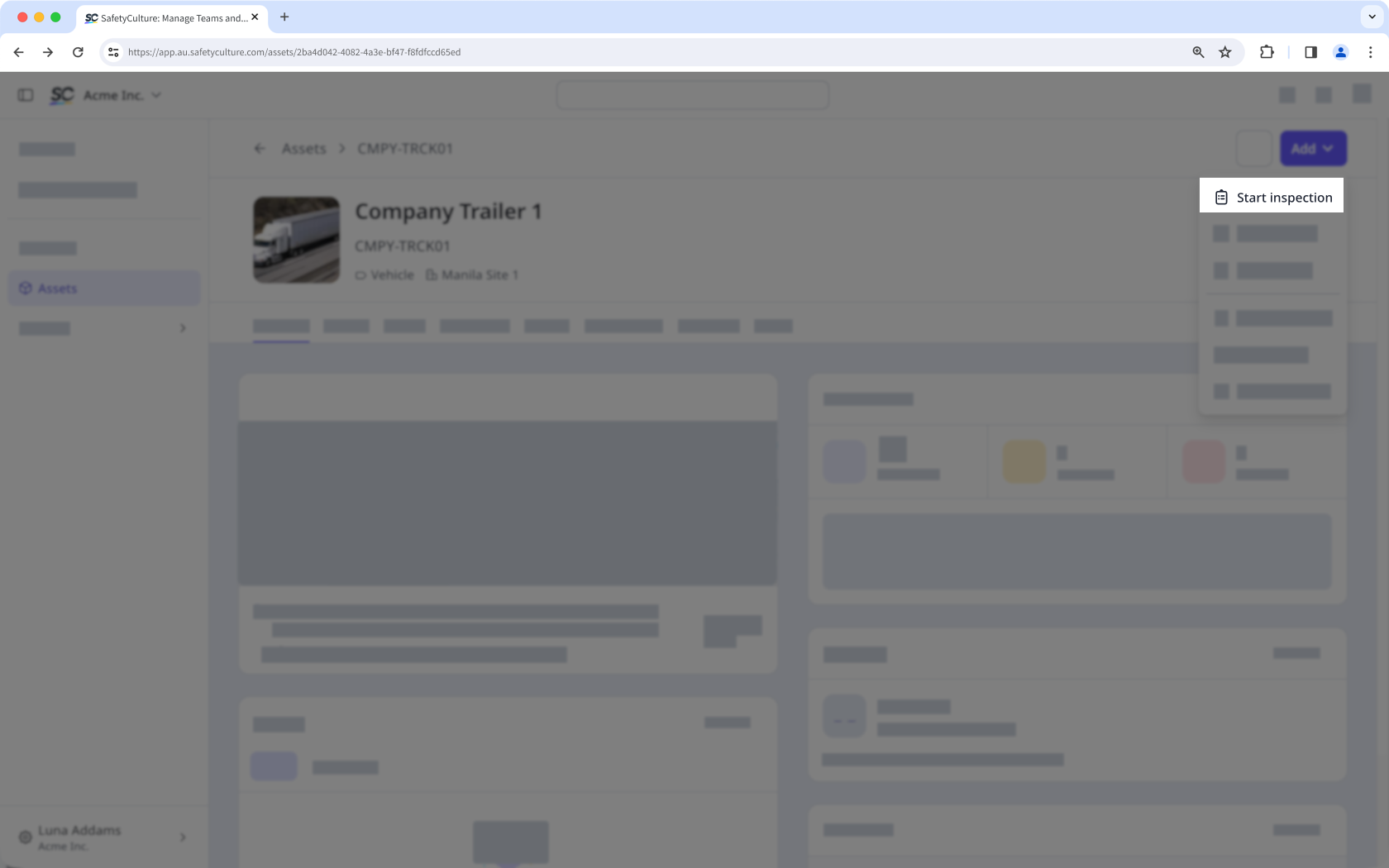 Depuis la page du profil de l'actif, cliquez sur Ajouter. Sélectionnez ensuite « Commencer les inspections ».