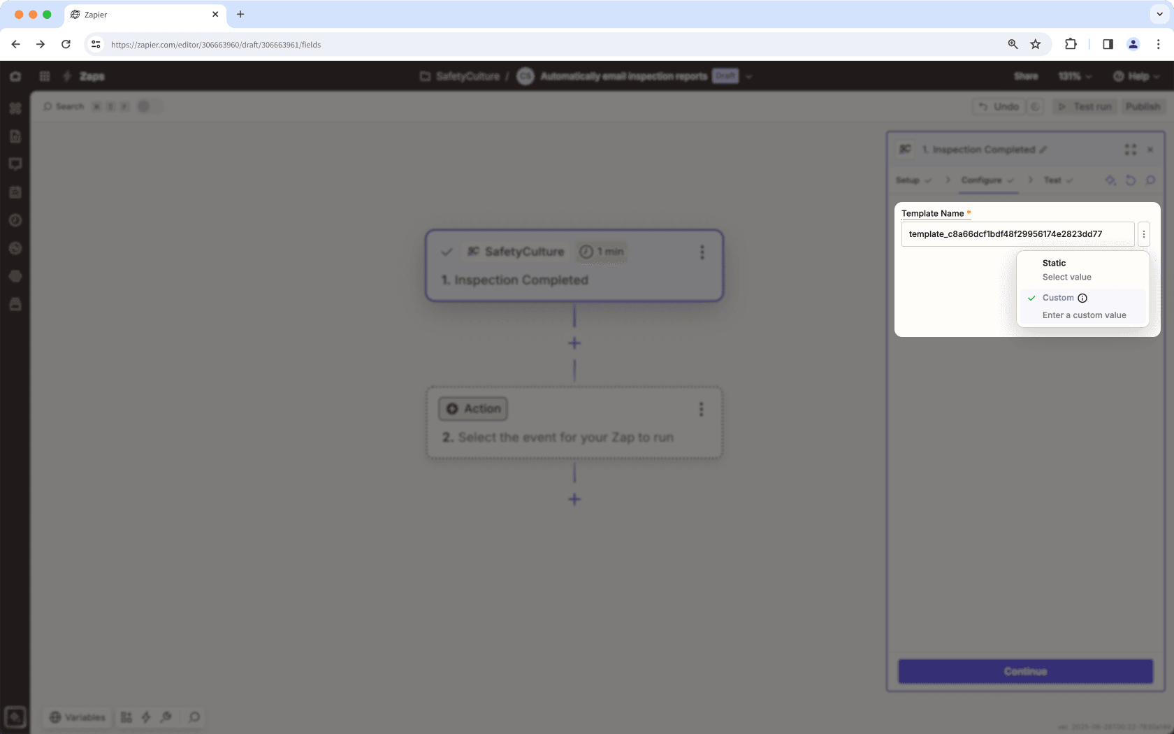 Un exemple d'insertion d'un ID de modèle personnalisé sur Zapier.