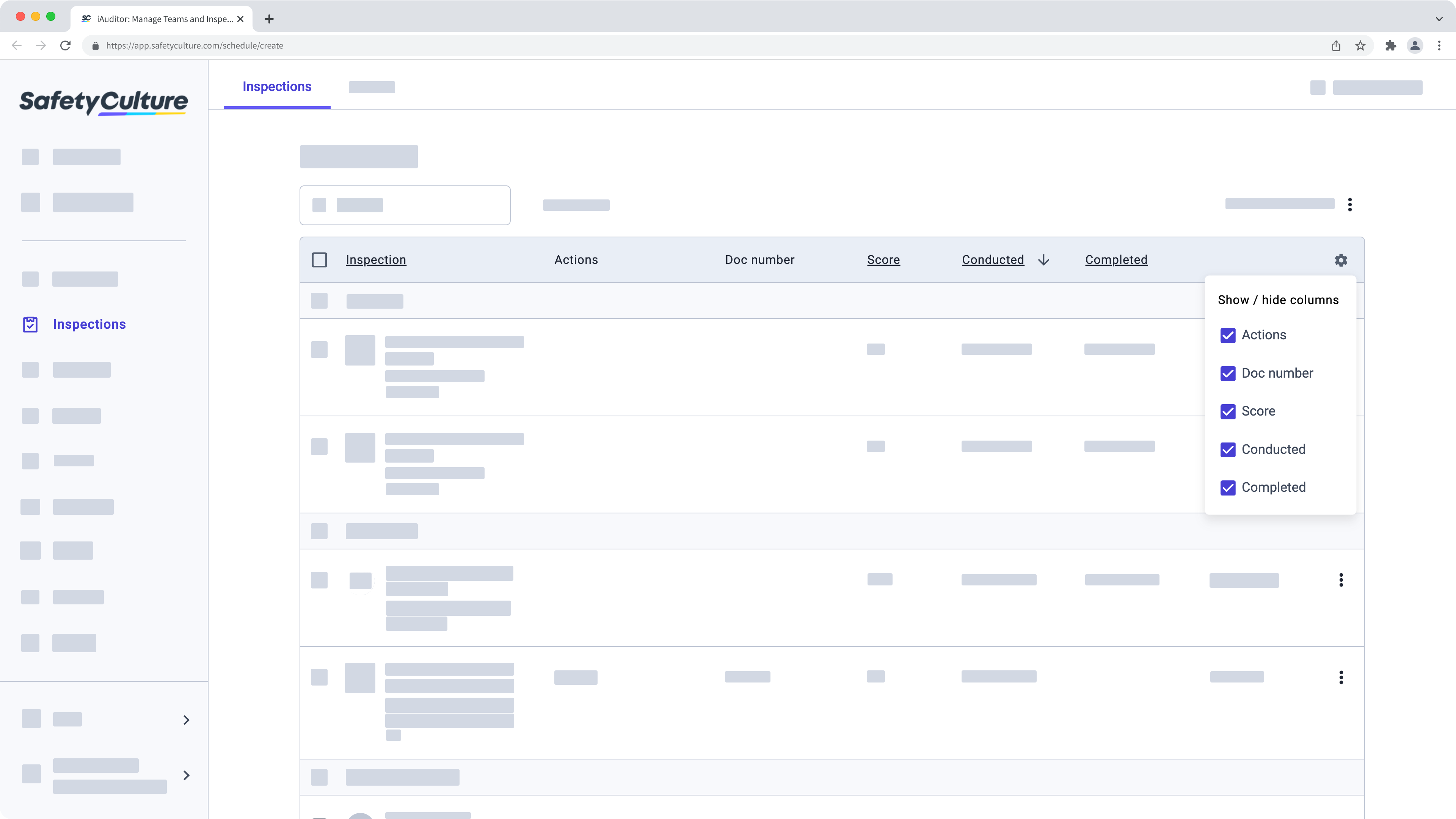 Une capture d'écran montrant les options de personnalisation disponibles pour la liste d'inspection sur l'application Web.