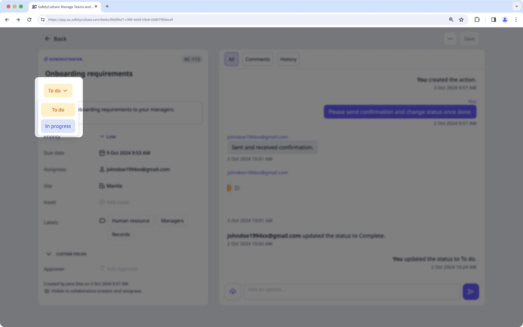 Un ejemplo de la transición de estado de una acción restringida en la aplicación web.