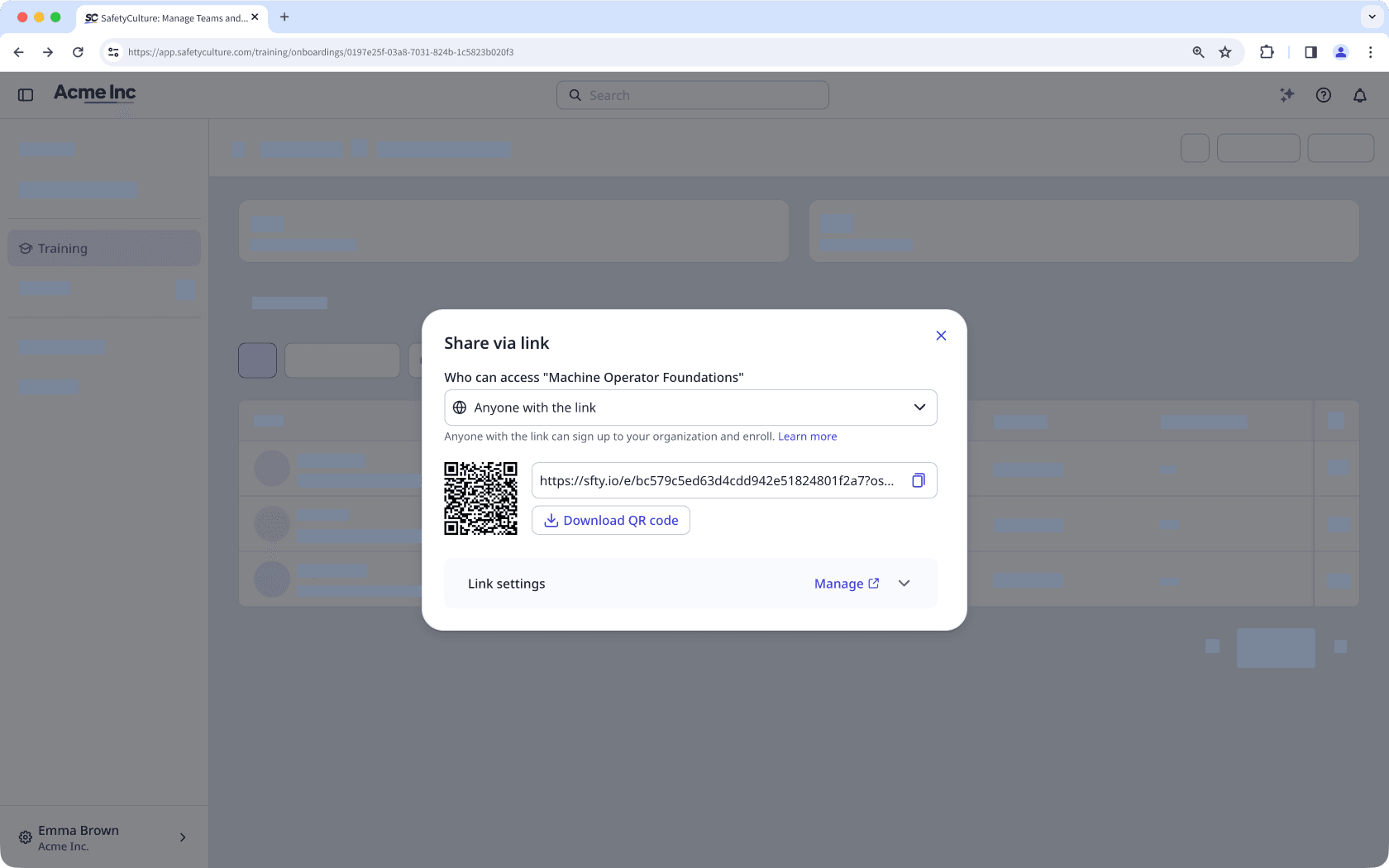 The onboarding workflow page with the 'Share via link' pop-up window open.