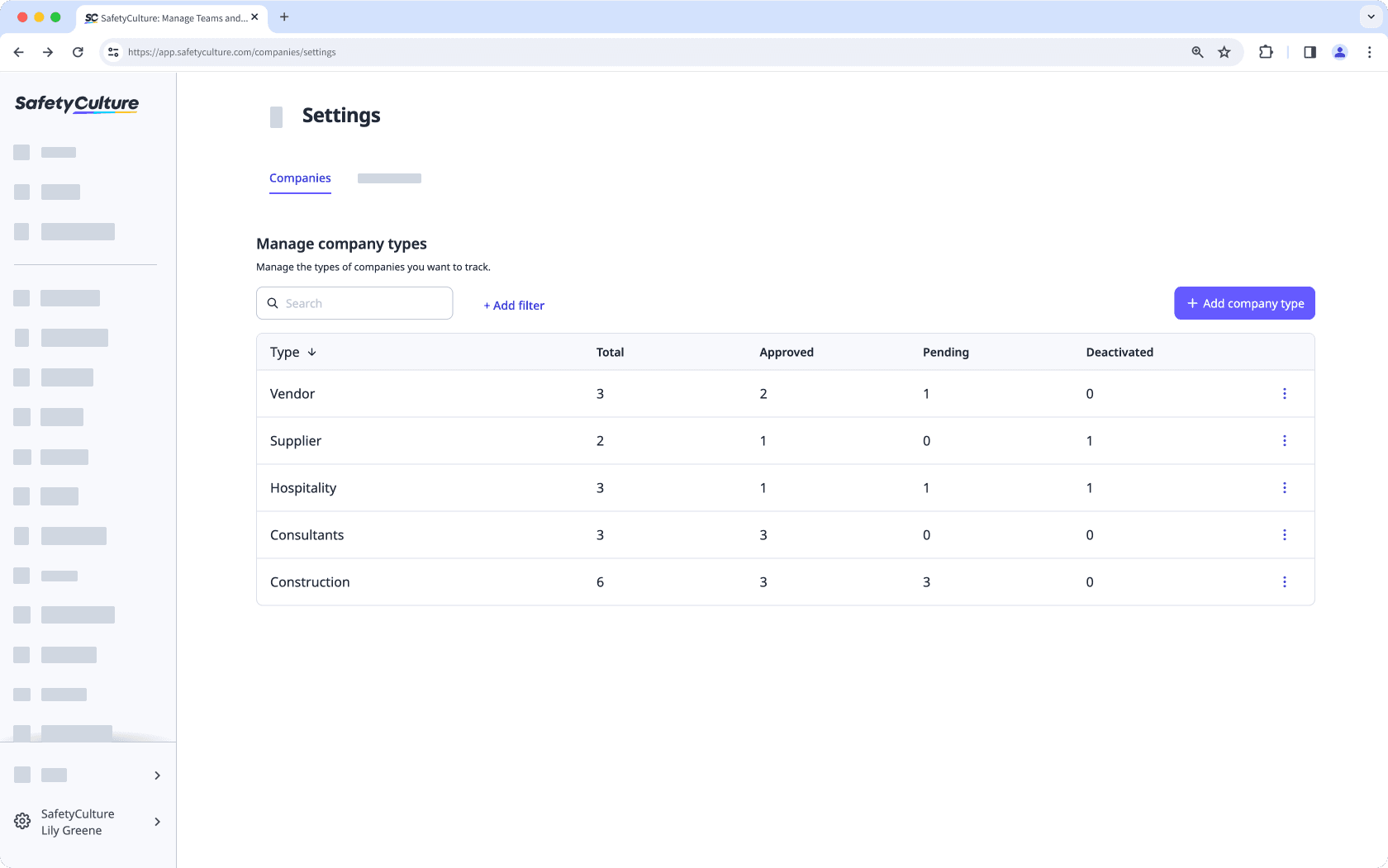 Gérez les paramètres du type de société à partir de l'application Web.