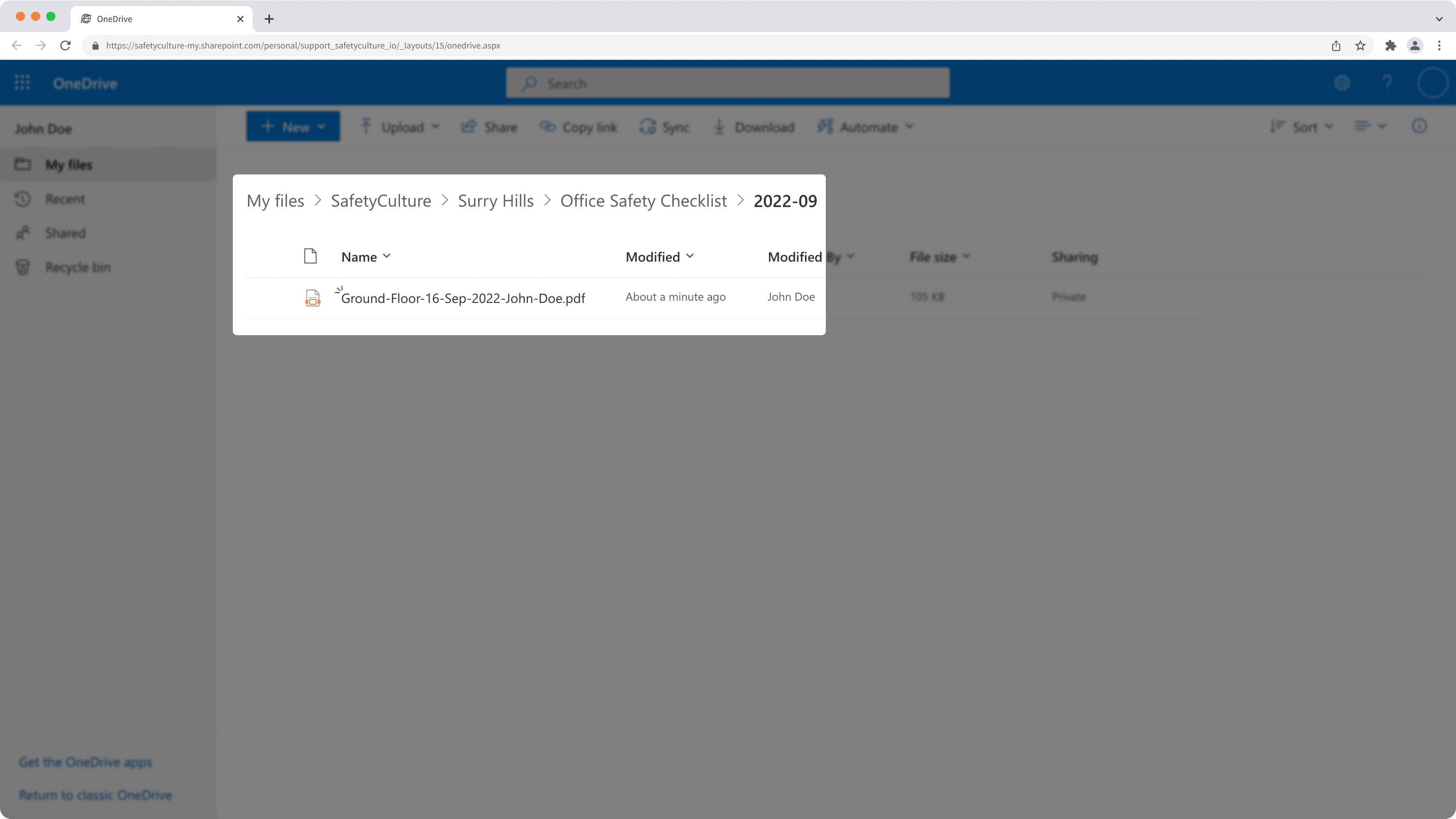 Un rapport d'inspection dans OneDrive.