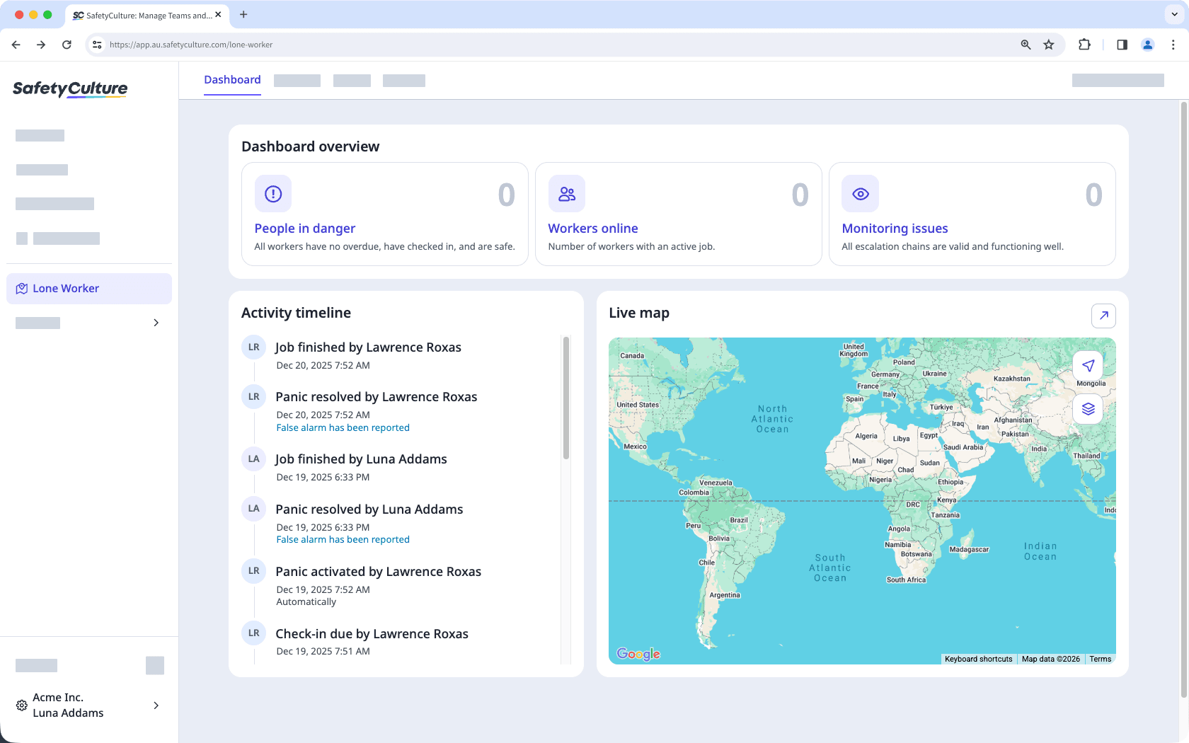 Explore the Lone Worker dashboard and its different sections.