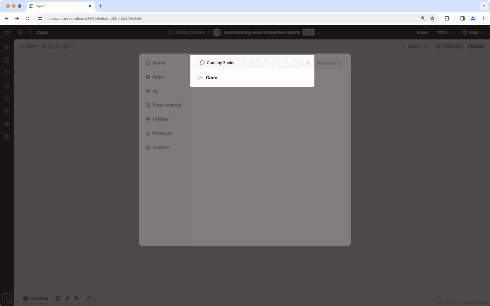 Select the "Code by Zapier" action in Zapier.