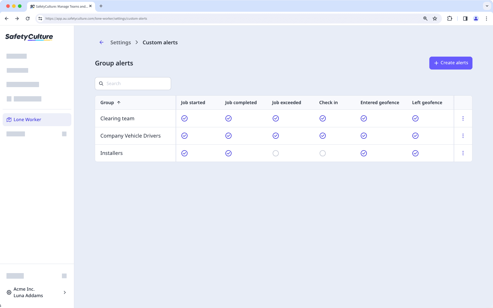 Group alerts page in Lone Worker settings.
