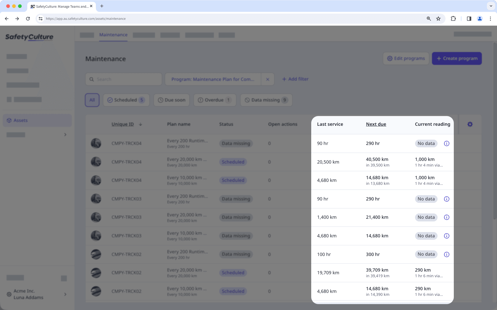 Maintenance table highlighting Last service, Next due, and Current reading columns via the web app.