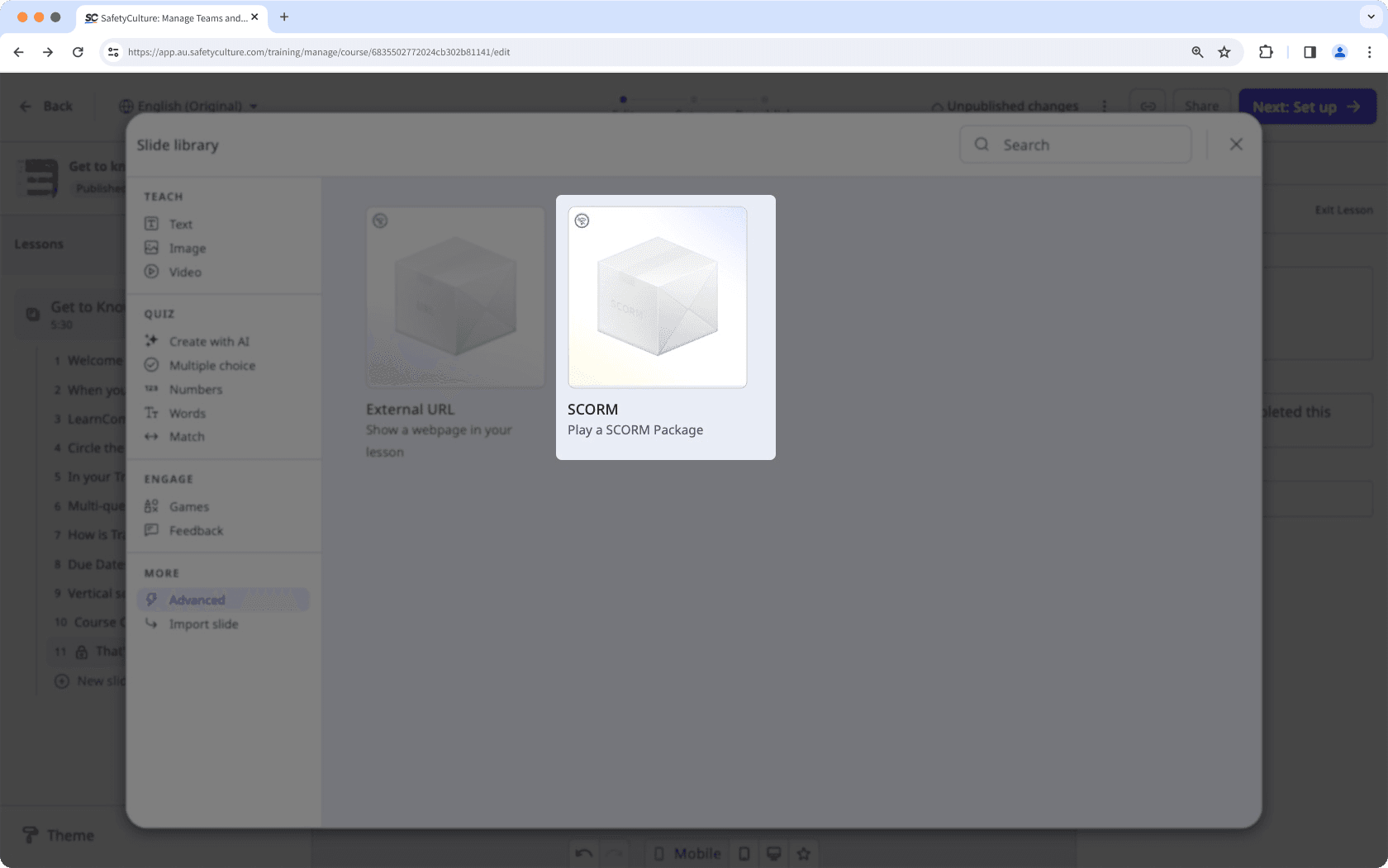Import a SCORM package as a lesson slide via the web app.