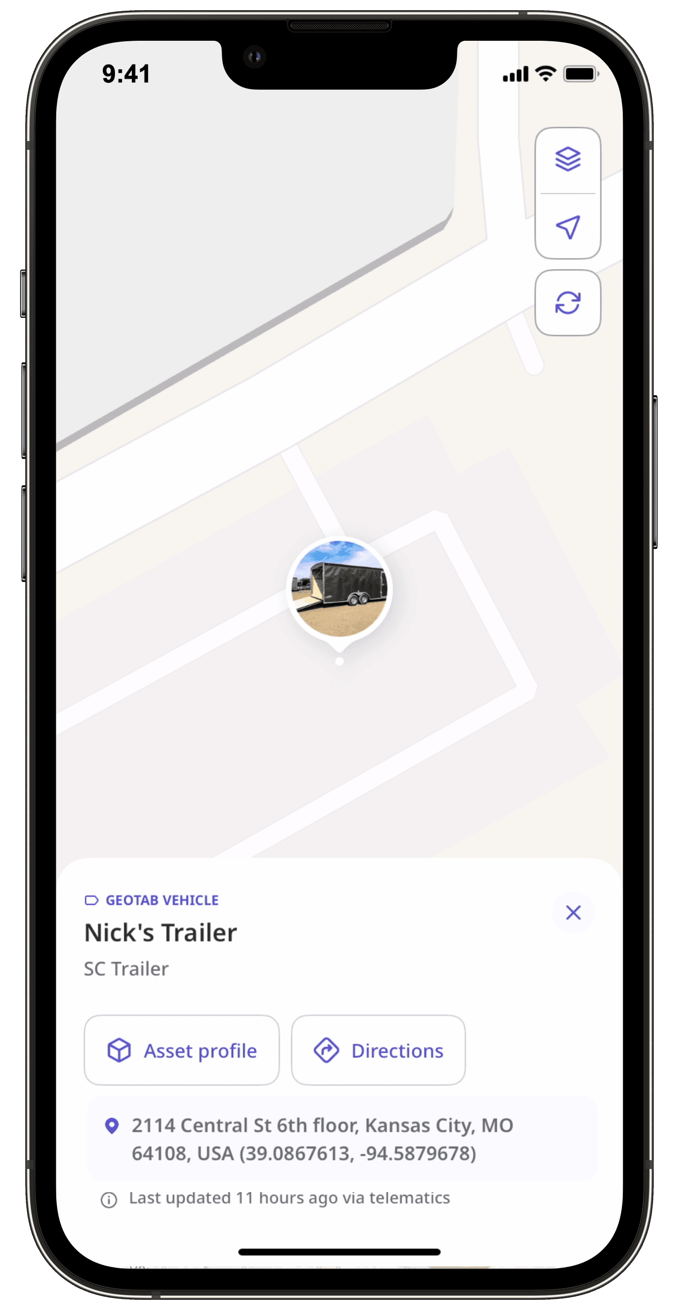Affichez la position d'un actif sur la carte via l'application portable.