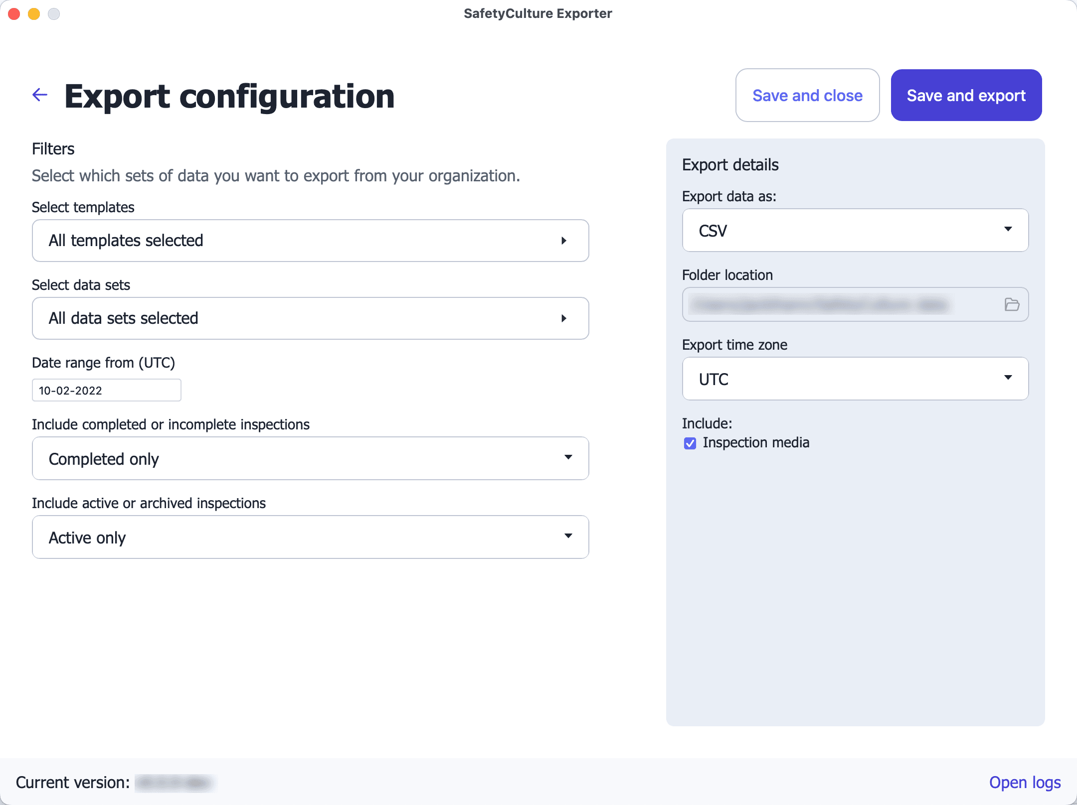 Un ejemplo de configuración de SafetyCulture Exporter.
