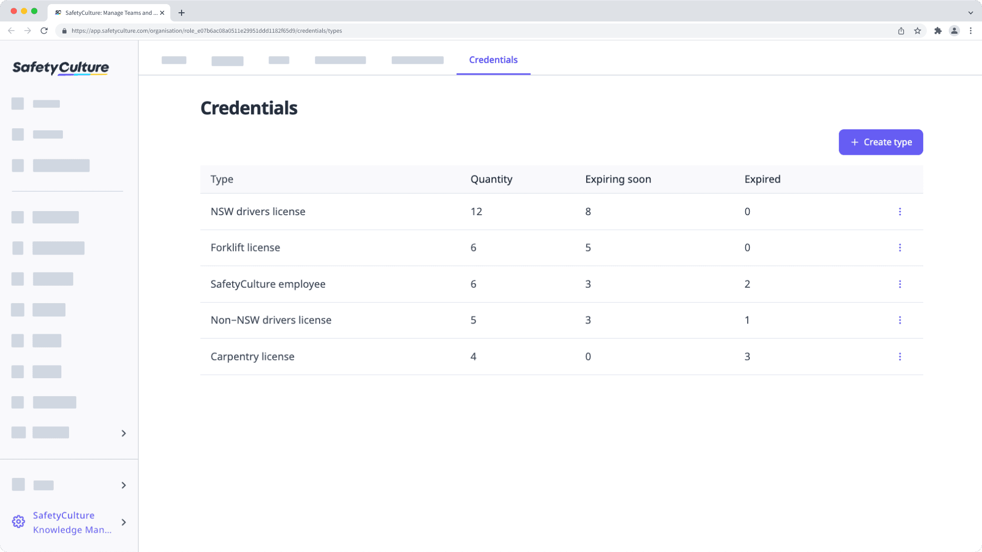 Die Seite Qualifikationen zeigt verschiedenen Qualifikationstypen in der Web-App.