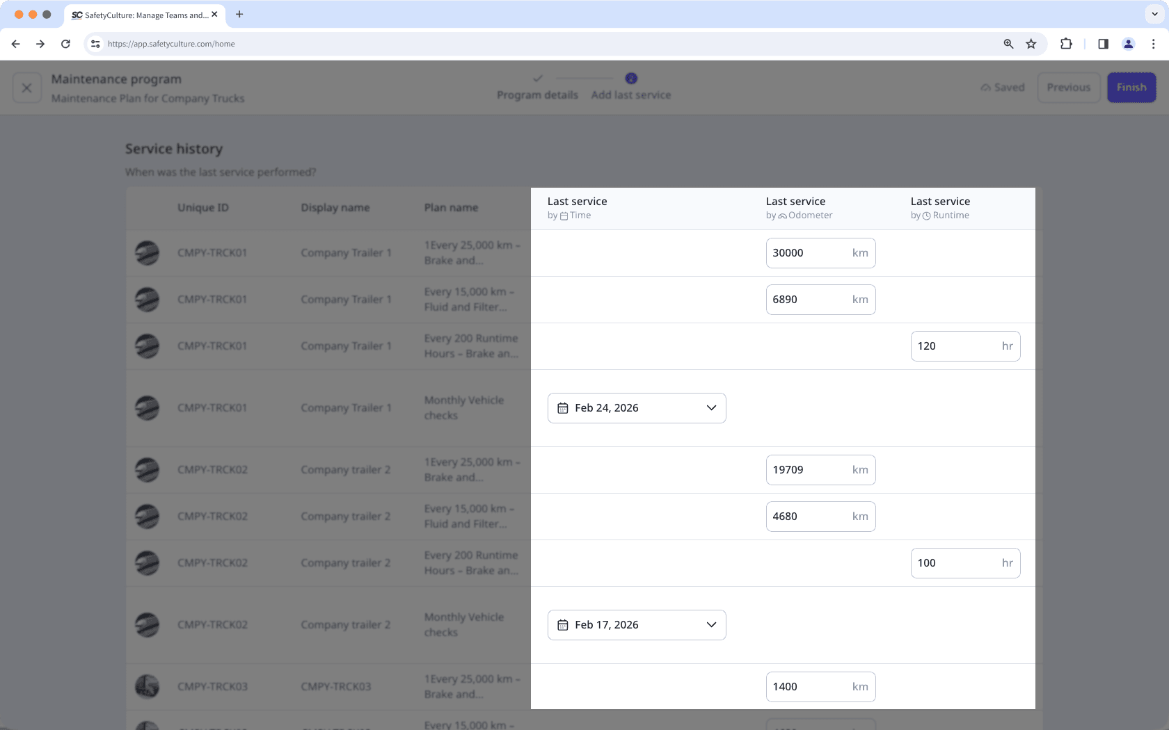 Ajouter les dates du dernier service et le dernier service pour les actifs d'un programme via l'application Web